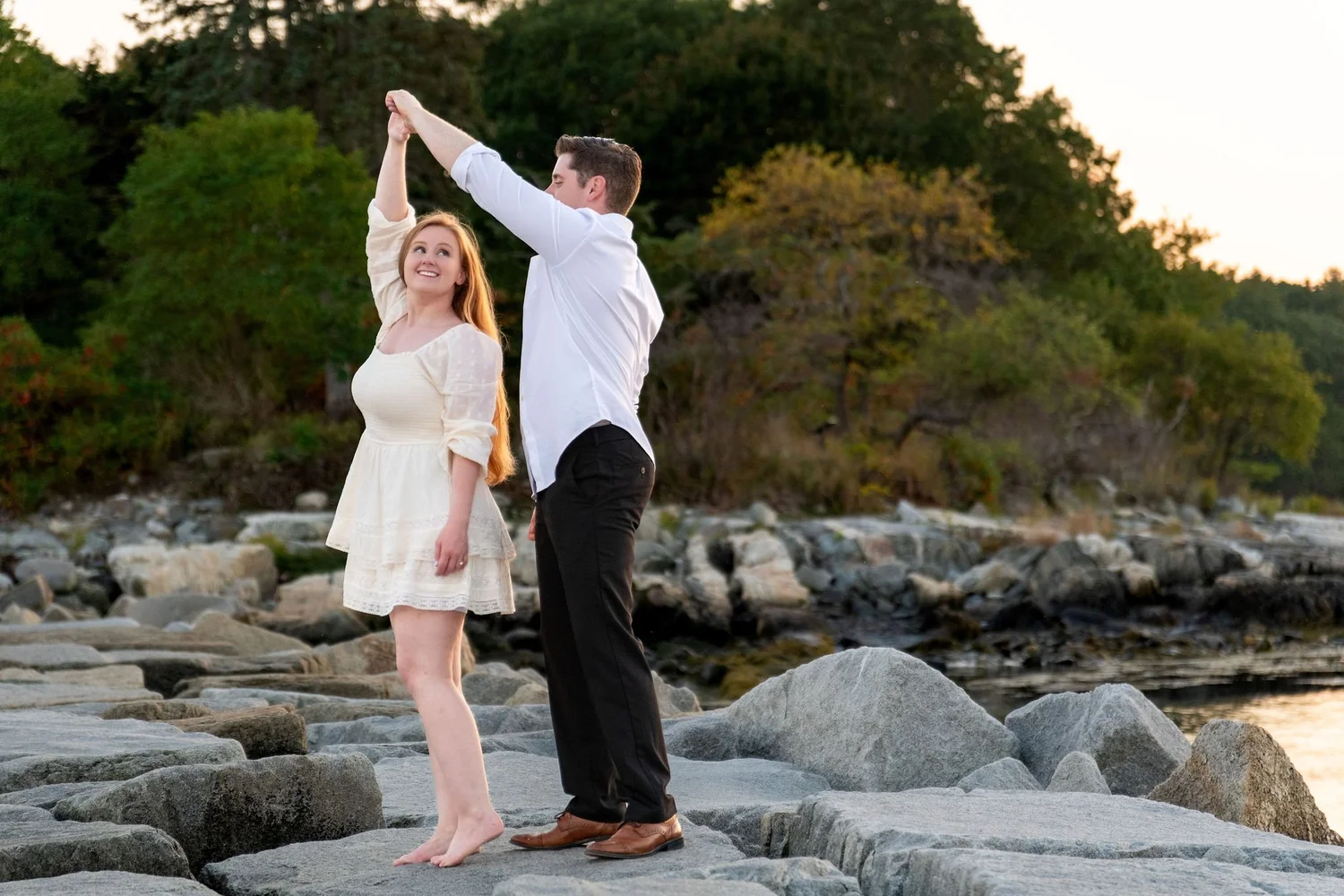 Kayla and Ethan engaged couple shoreline portrait soft sunset Odiorne Point State Park Rye New Hampshire engagement photography VMG Productions