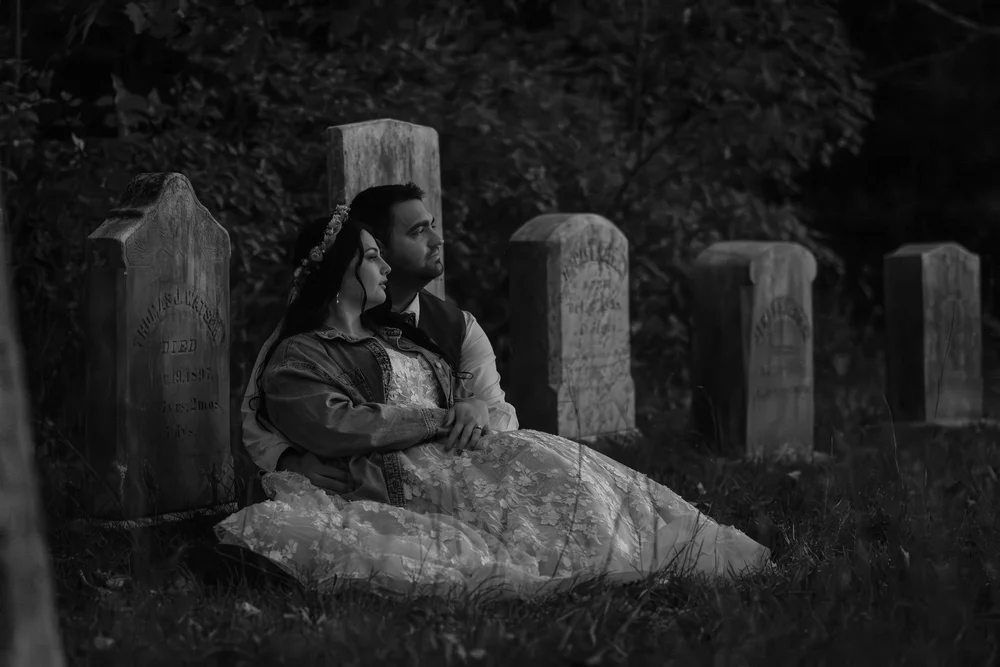 Meagan and Joshua black and white cemetery portrait at The Watson Homestead Hiram Maine fall wedding photography VMG Productions