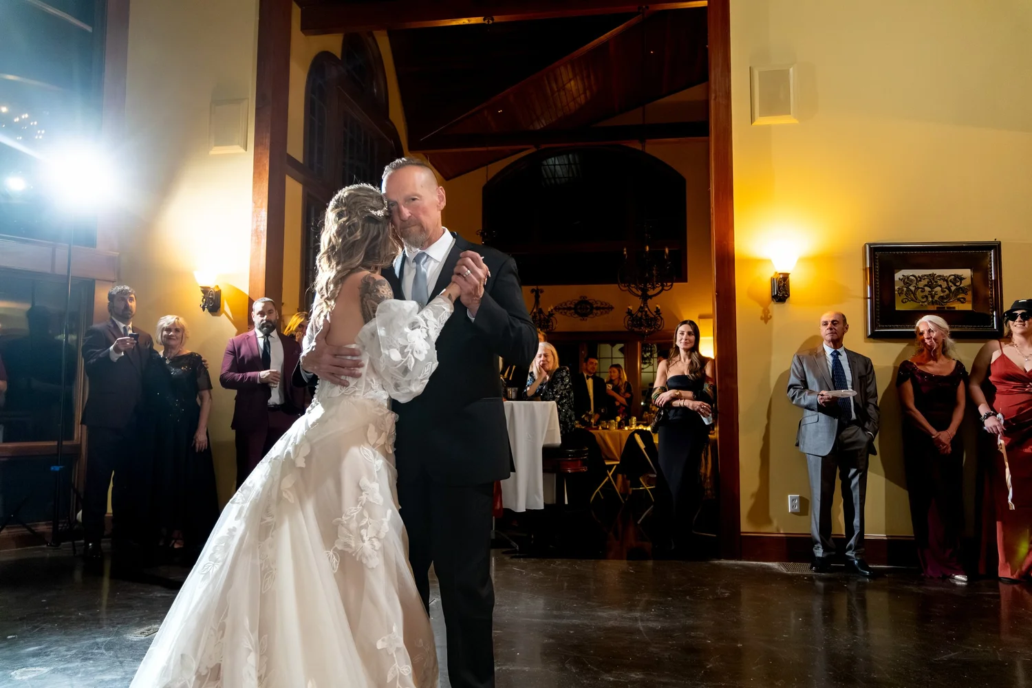 Sarah father daughter dance inside SkiEsta grand hall reception Newry Maine fall wedding VMG Productions