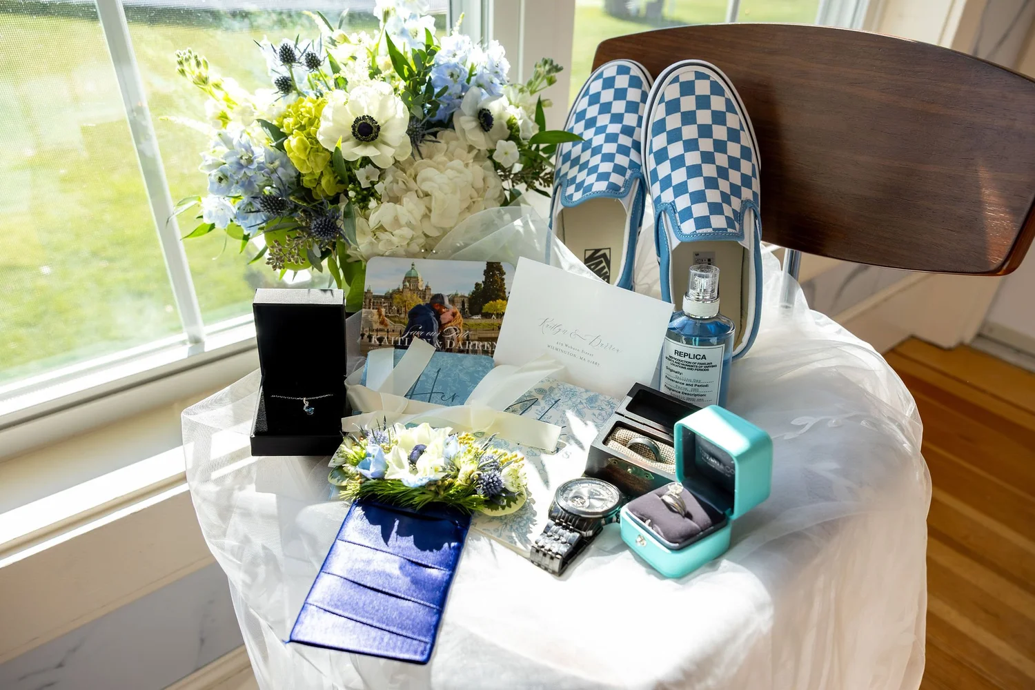 Kaitlyn wedding detail flat lay with bouquet rings and checkerboard Vans shoes The Nonantum Resort Kennebunkport Maine fall wedding VMG Productions