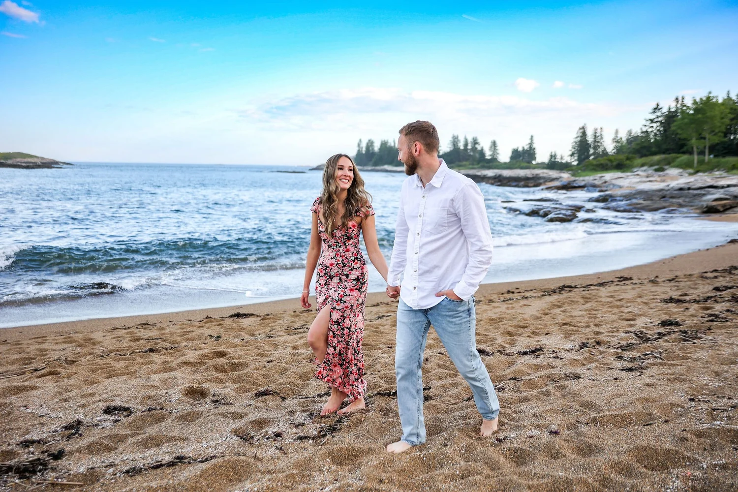Coastal engagement portrait at Reid State Park, Georgetown, Maine, by VMG Productions