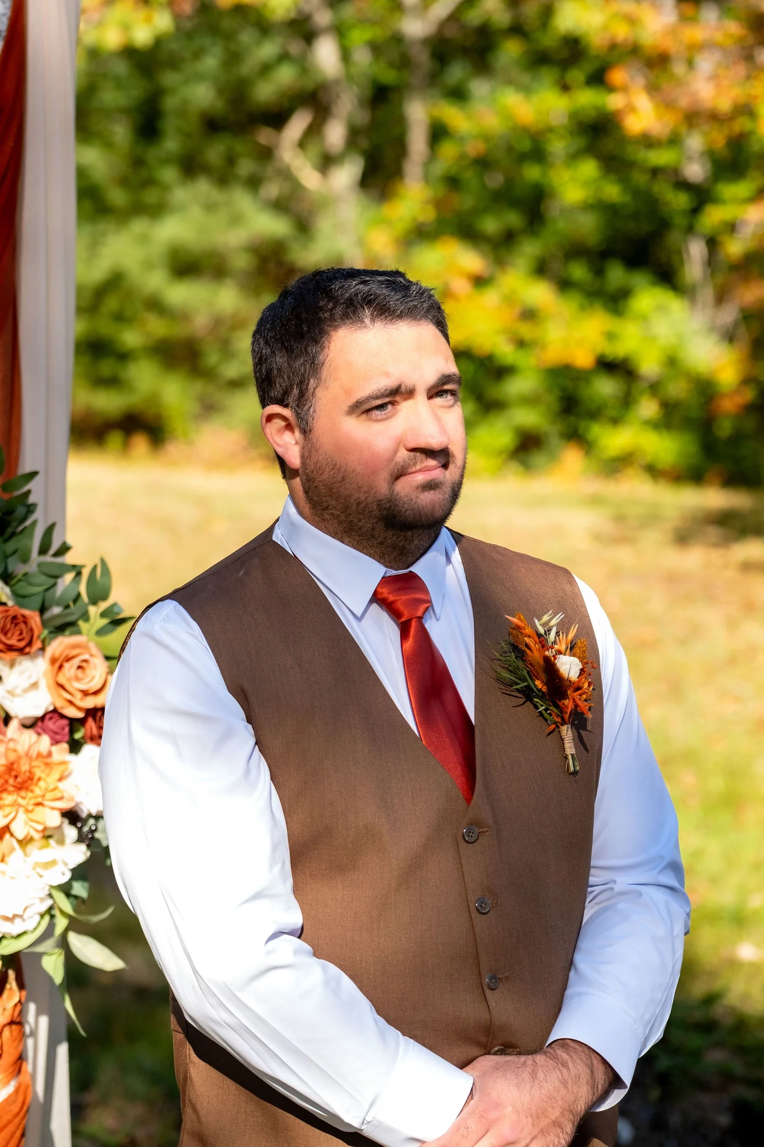 Joshua emotional ceremony reaction at The Watson Homestead Hiram Maine fall wedding photography VMG Productions