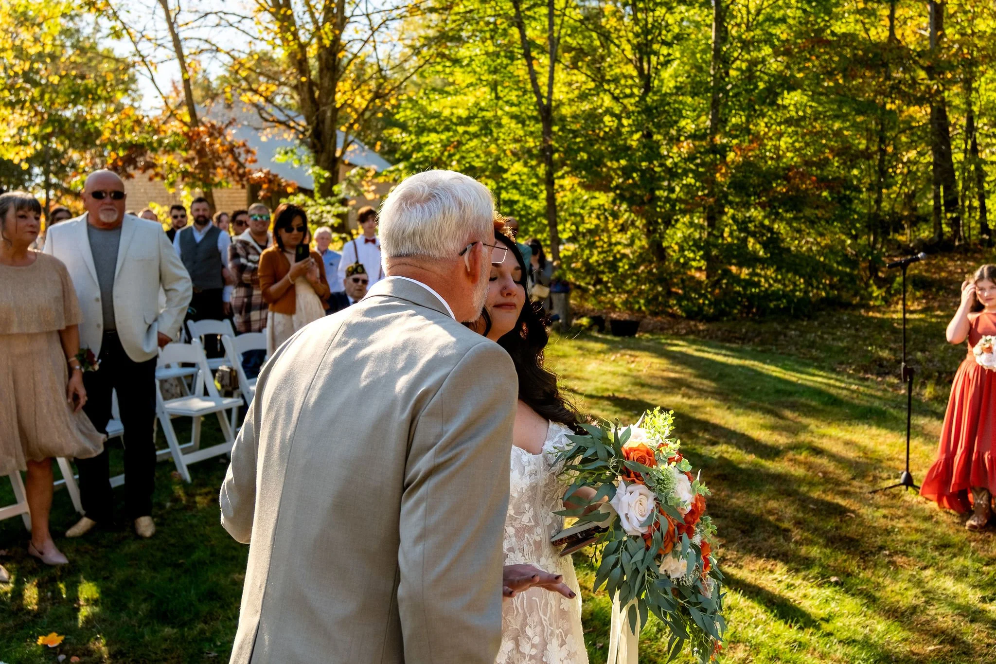 Meagan and her father sharing ceremony entrance moment at The Watson Homestead Hiram Maine fall wedding photography VMG Productions