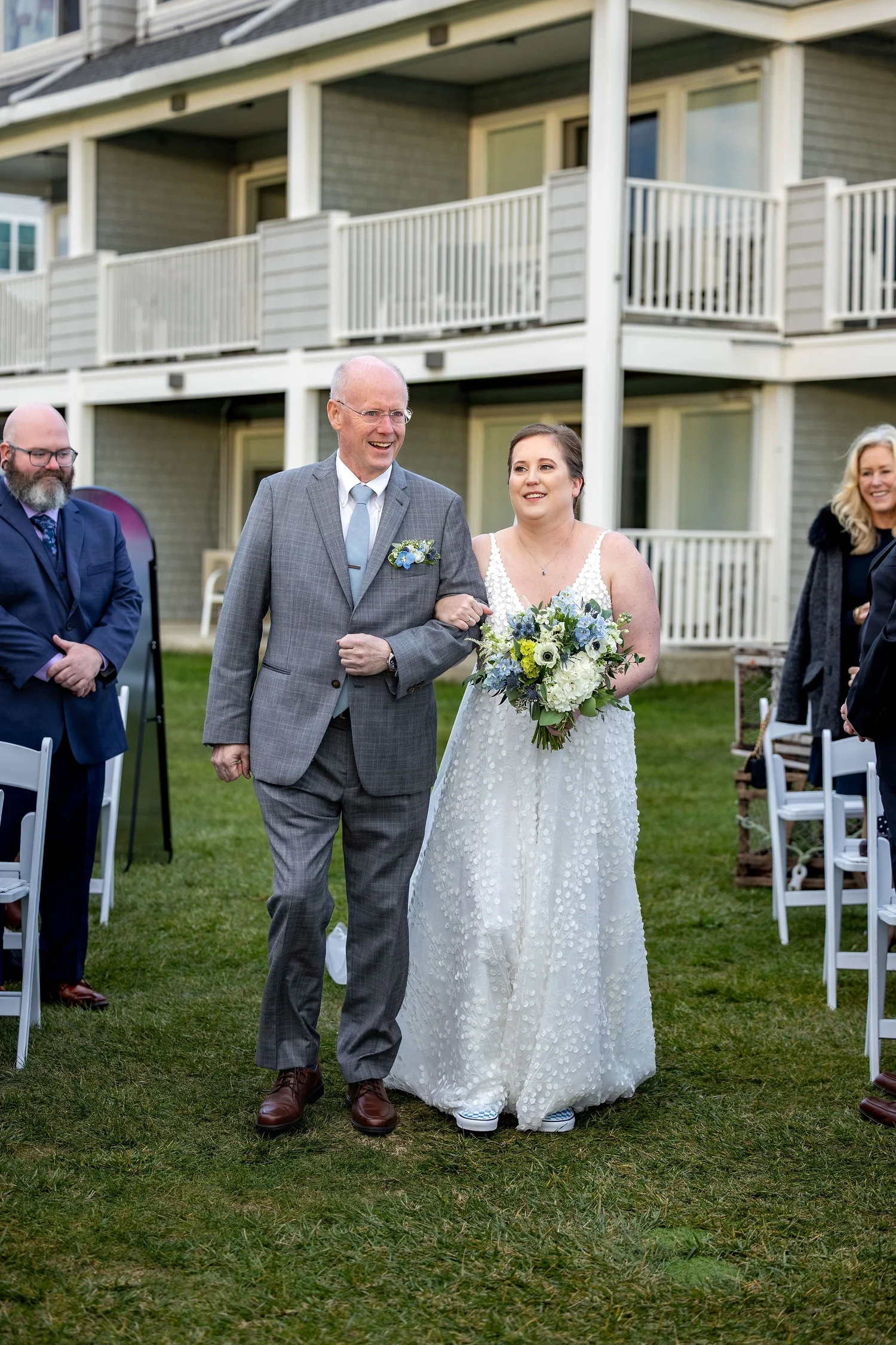 Kaitlyn processional walking down aisle with father outdoor ceremony Nonantum Resort Kennebunkport Maine fall wedding VMG Productions