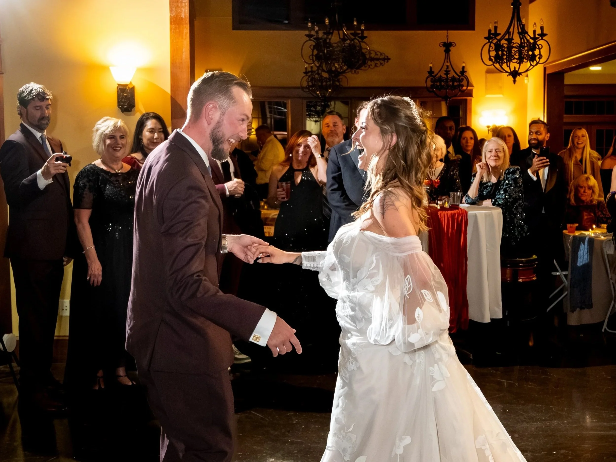 Sarah and Steve first dance laughing together SkiEsta reception hall Newry Maine fall wedding VMG Productions