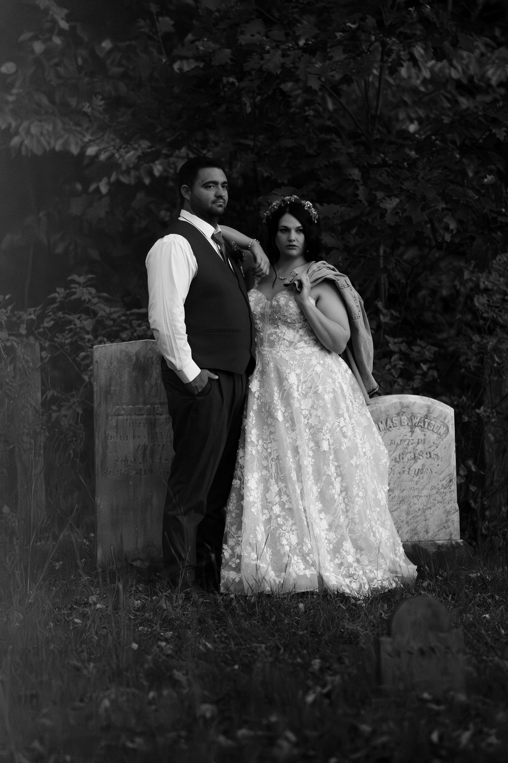 Meagan and Joshua editorial black and white cemetery portrait at The Watson Homestead Hiram Maine fall wedding photography VMG Productions