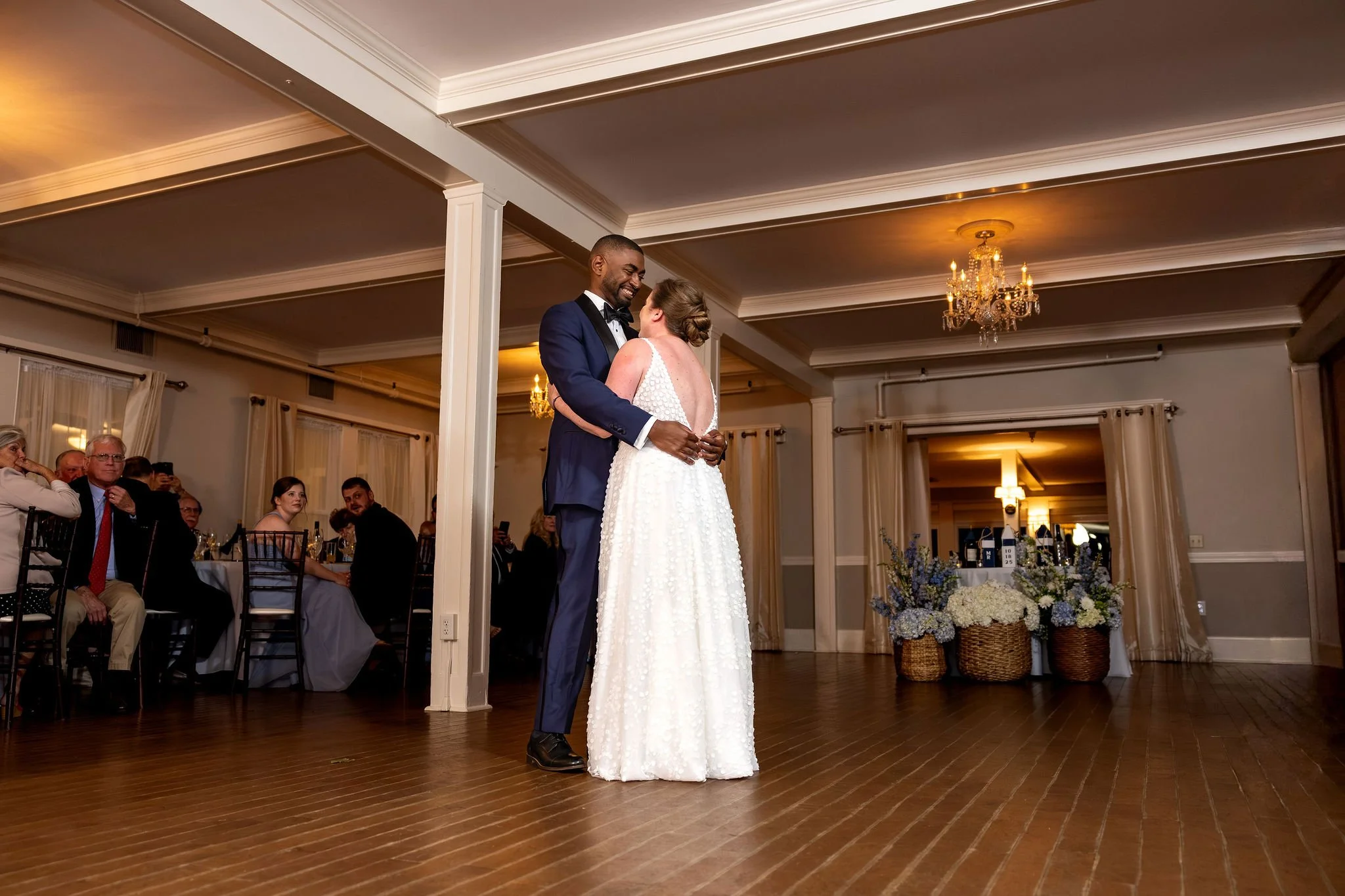 Kaitlyn and Darren first dance reception hall guests watching Nonantum Resort Kennebunkport Maine fall wedding VMG Productions