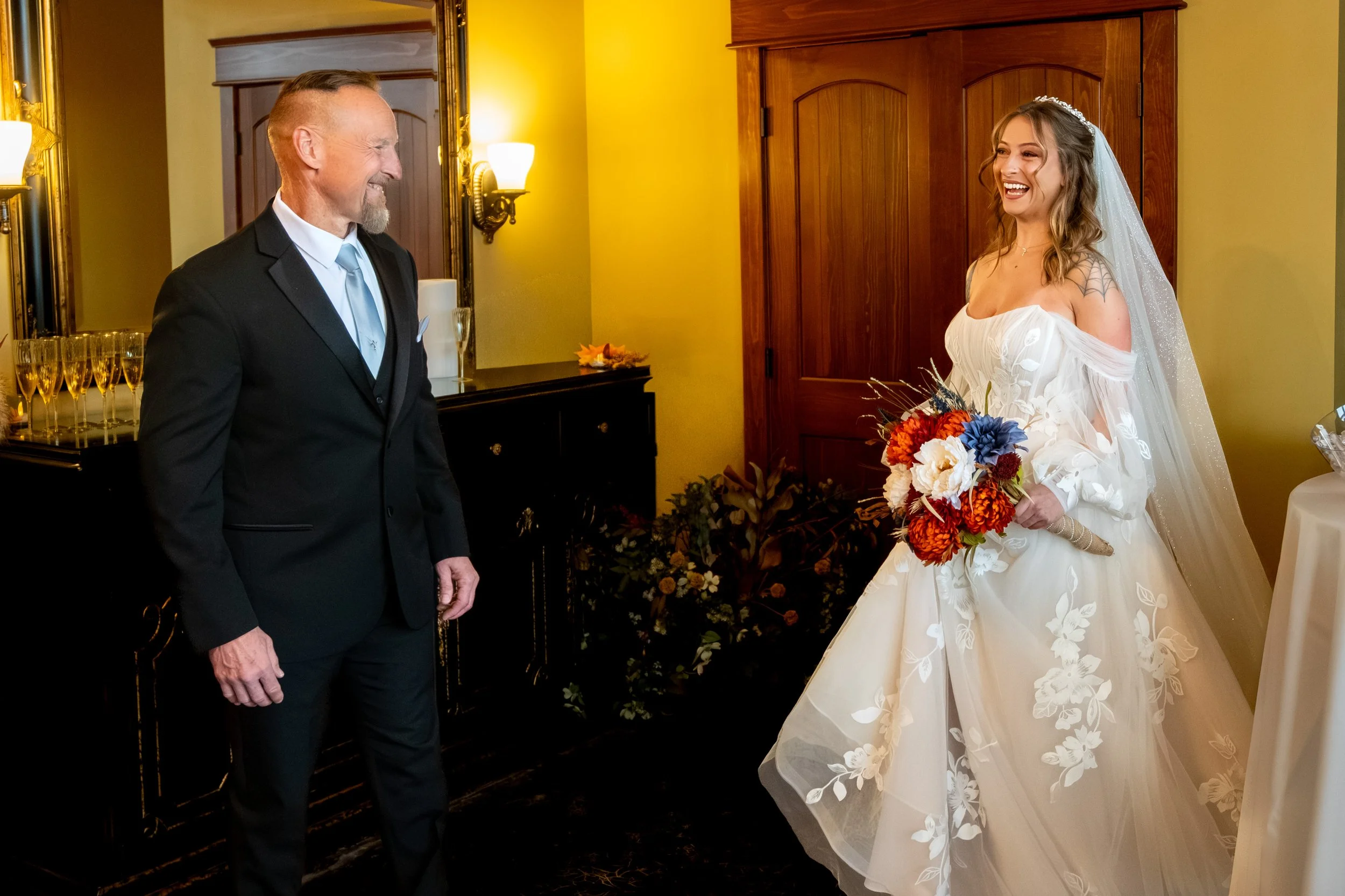 Sarah and her father first look inside SkiEsta lodge Newry Maine fall wedding VMG Productions