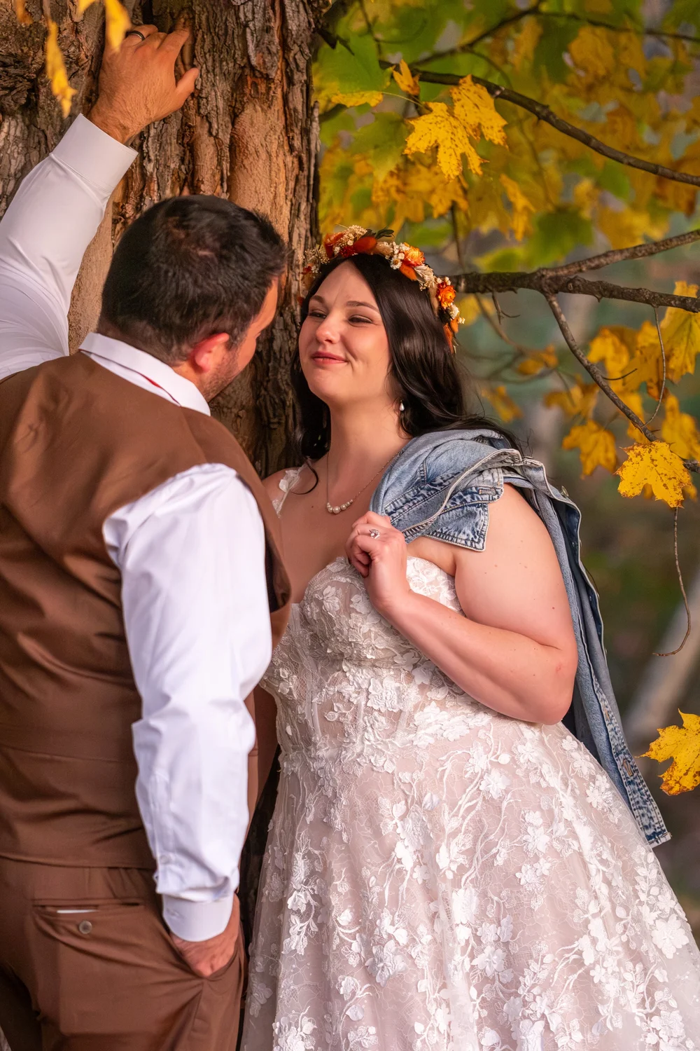 Meagan and Joshua portrait under yellow fall leaves at The Watson Homestead Hiram Maine fall wedding photography VMG Productions