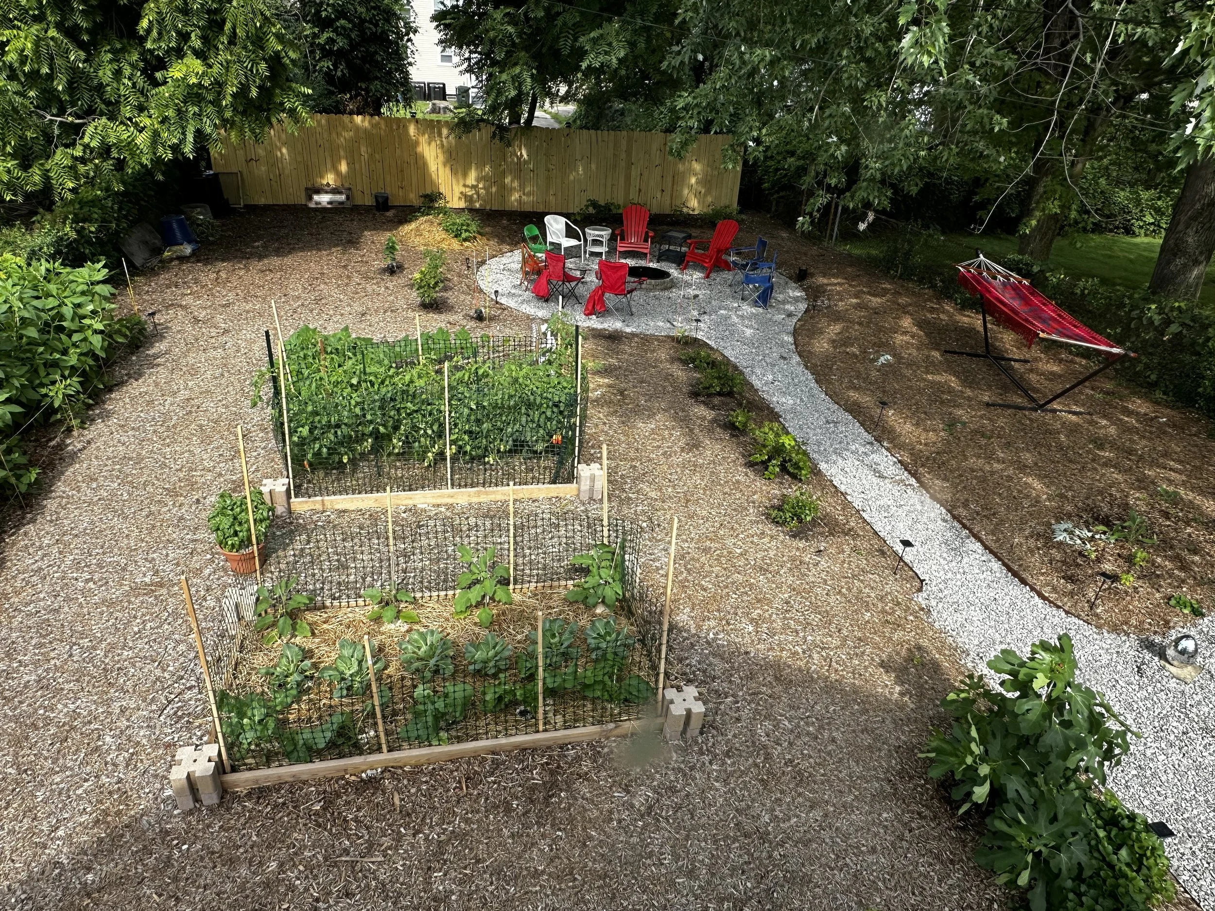 Using a rear-tine tiller, wheelbarrow, and hand tools, it took me about 7 weeks of physically-demanding labor – after work and on weekends in April and May 2025 – to transform the backyard.