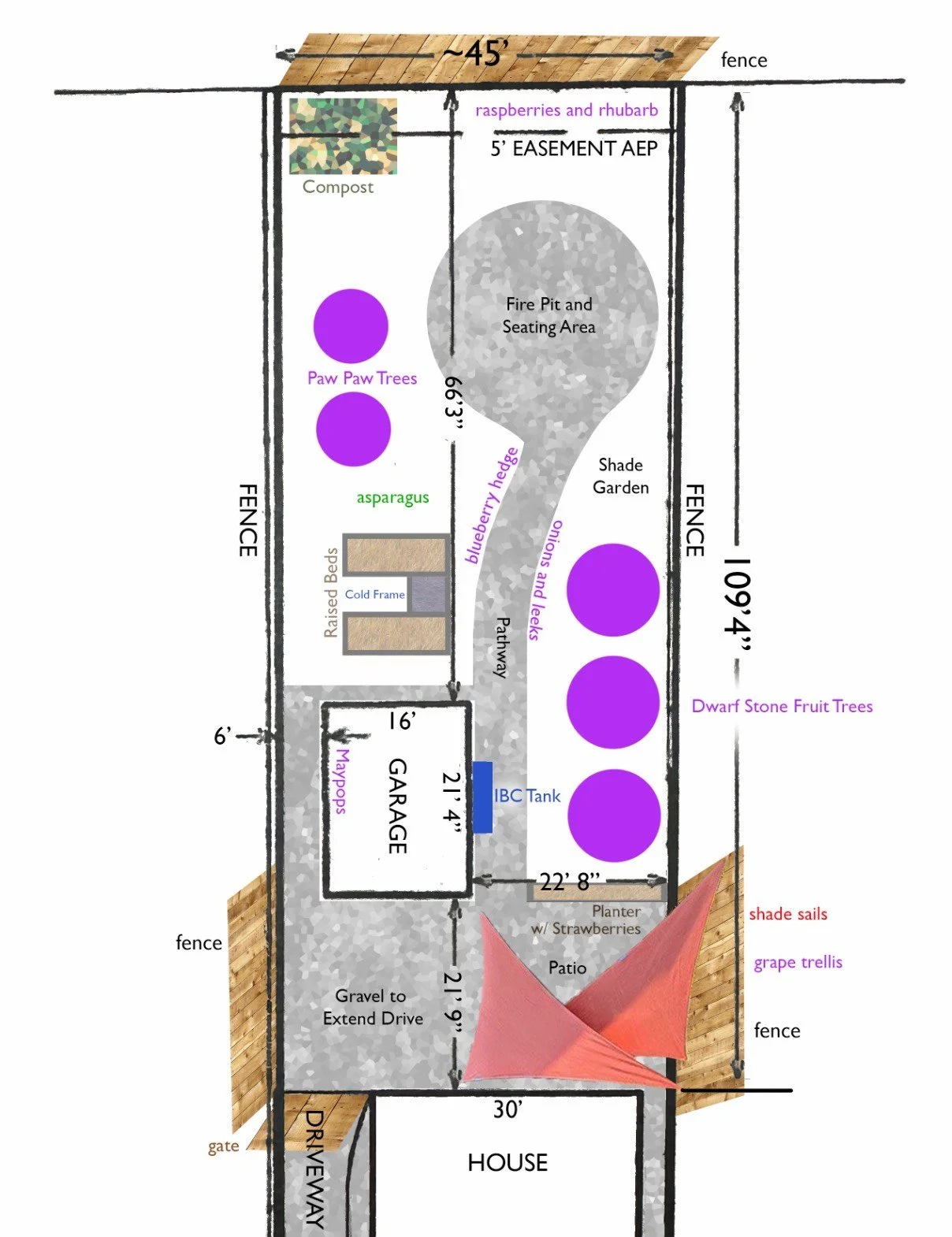 This is the plan I created for a mix of gardens and seating areas.