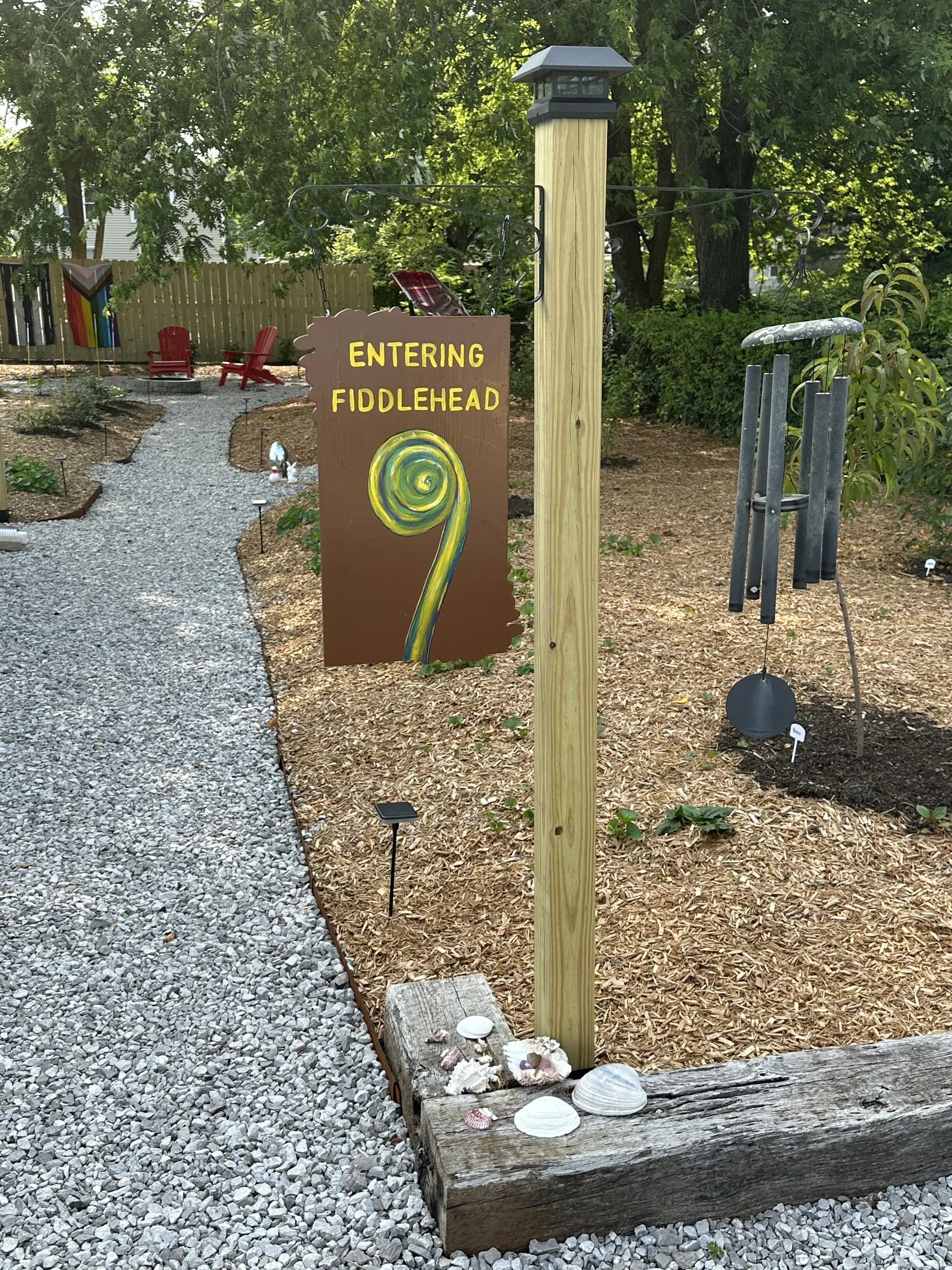 I named the garden Fiddlehead after the shape of the path and fire circle.