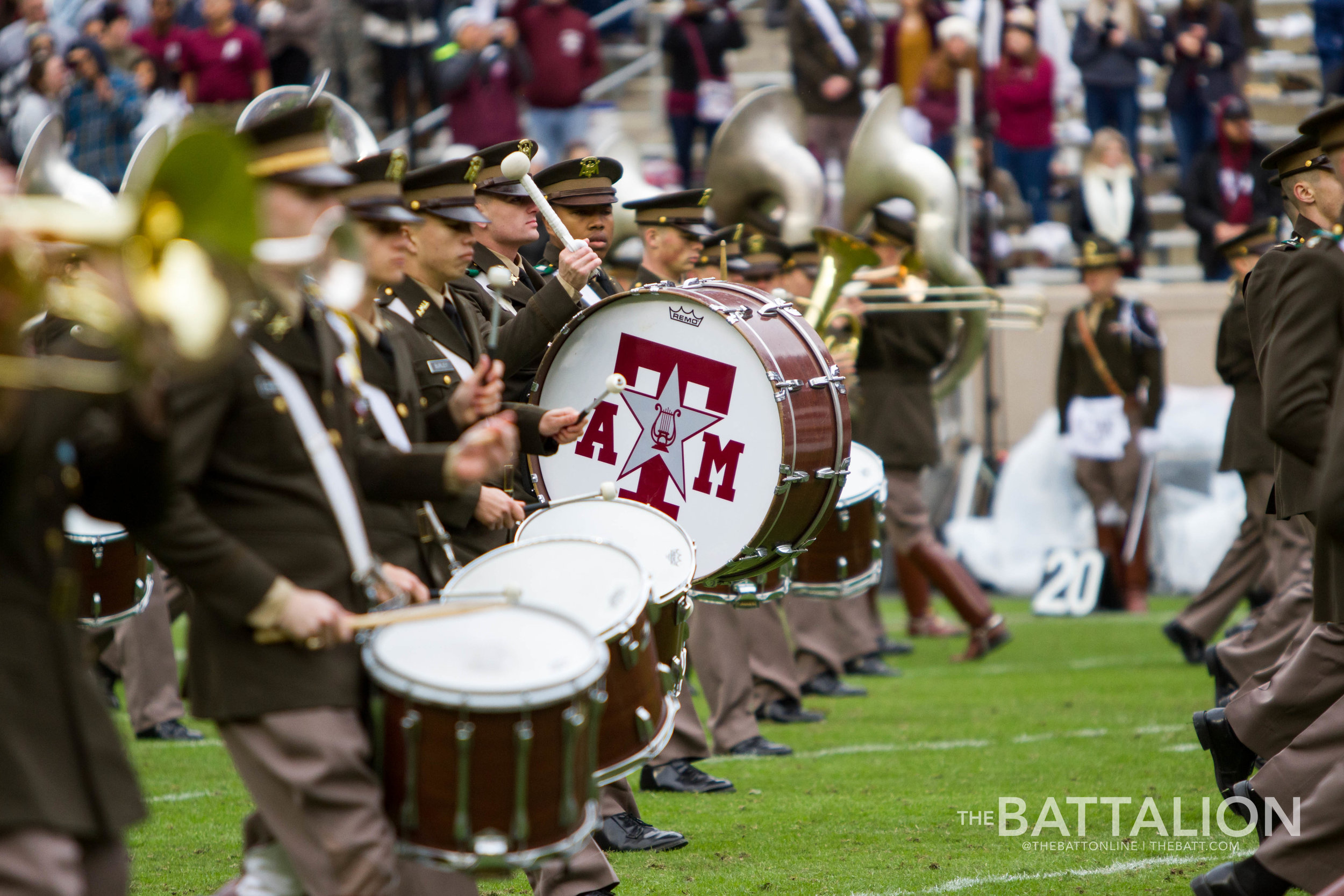 During the Fall semester, the Aggie Band wakes up around 5am each morning to practice halftime drills. Photos by Meredith Seaver