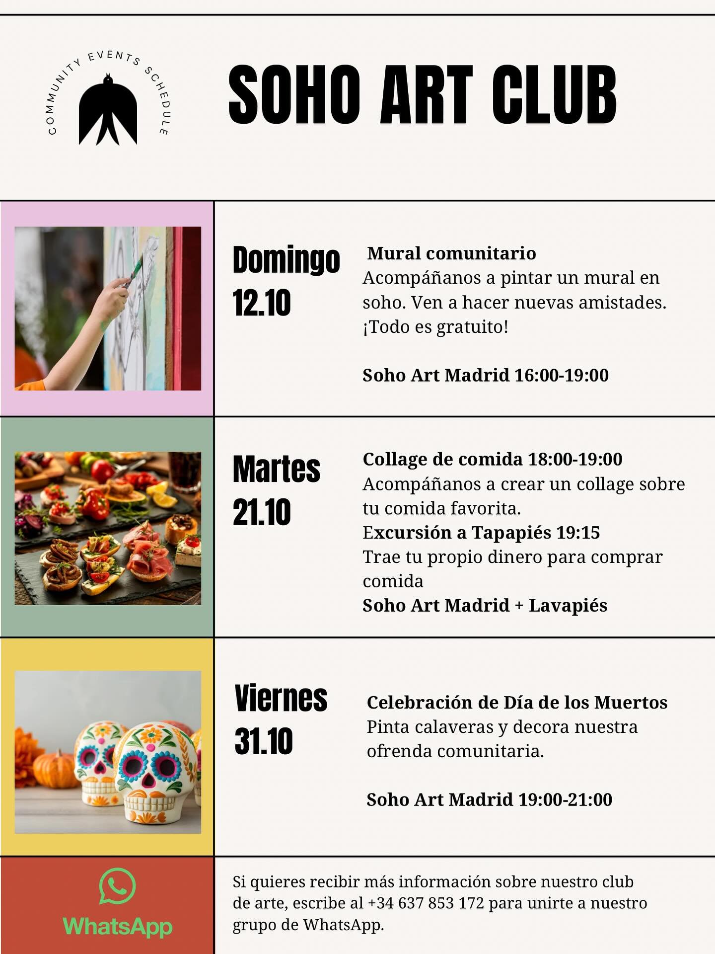 📣Este mes tenemos tres eventos emocionantes que anunciar:

👨🏼&zwj;🎨Pintura del Mural de Soho: &iexcl;Ven a dejar tu huella en Soho! Pintaremos un mural dise&ntilde;ado por la comunidad en la pared de nuestro patio trasero. 🗓️ Domingo 12 de octub