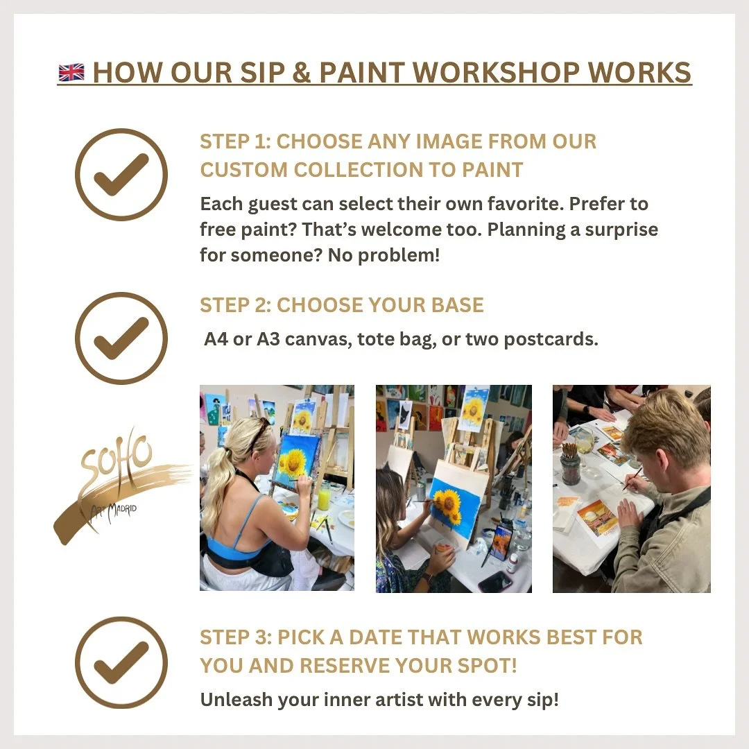 🖌️🍷 Art. Wine. Chill. Repeat.
Welcome to Soho Art Madrid, where creativity meets good vibes. For 6 years, we&rsquo;ve been painting the town (literally) and making art feel easy, fun, and totally your own.

Pick any image from our custom collection