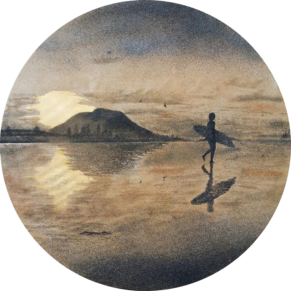 “Golden Hour” - series SAND & STORM - SOLD - created with acrylic background, leaf gold & 7 shades of natural New Zealand sand Size: 700 mm diameter Inspiring to take time out. Listen to your body and take that time when your body and soul needs it most.
