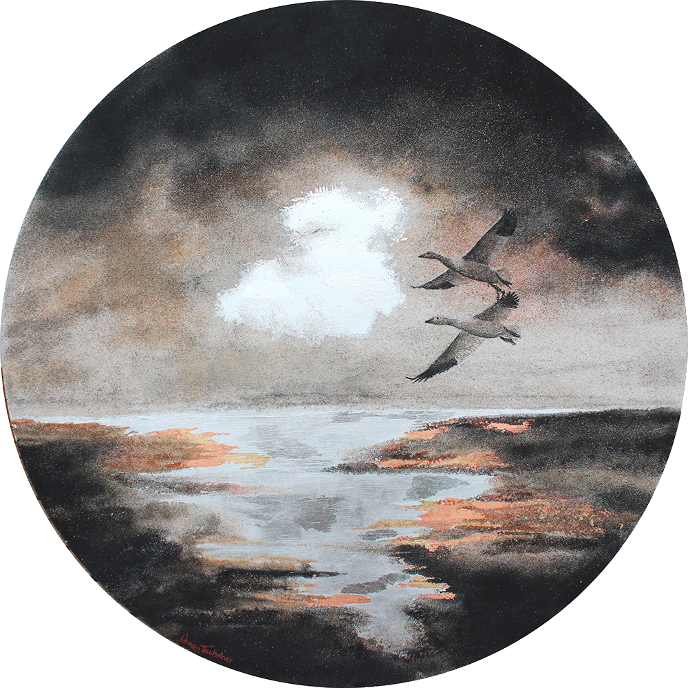 "Through Thick and Thin" Created with 7 shades of natural New Zealand sand & bronze/ silver & gold leaf Size: 900 mm diameter Price: $2000