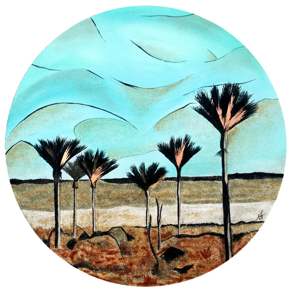 “Getting Lost to Find” SOLD - Created with acrylic turquoise, gold leaf and 8 shades of natural New Zealand sand available at "Red Peach Gallery" Size: 600 mm Price: $ 890
