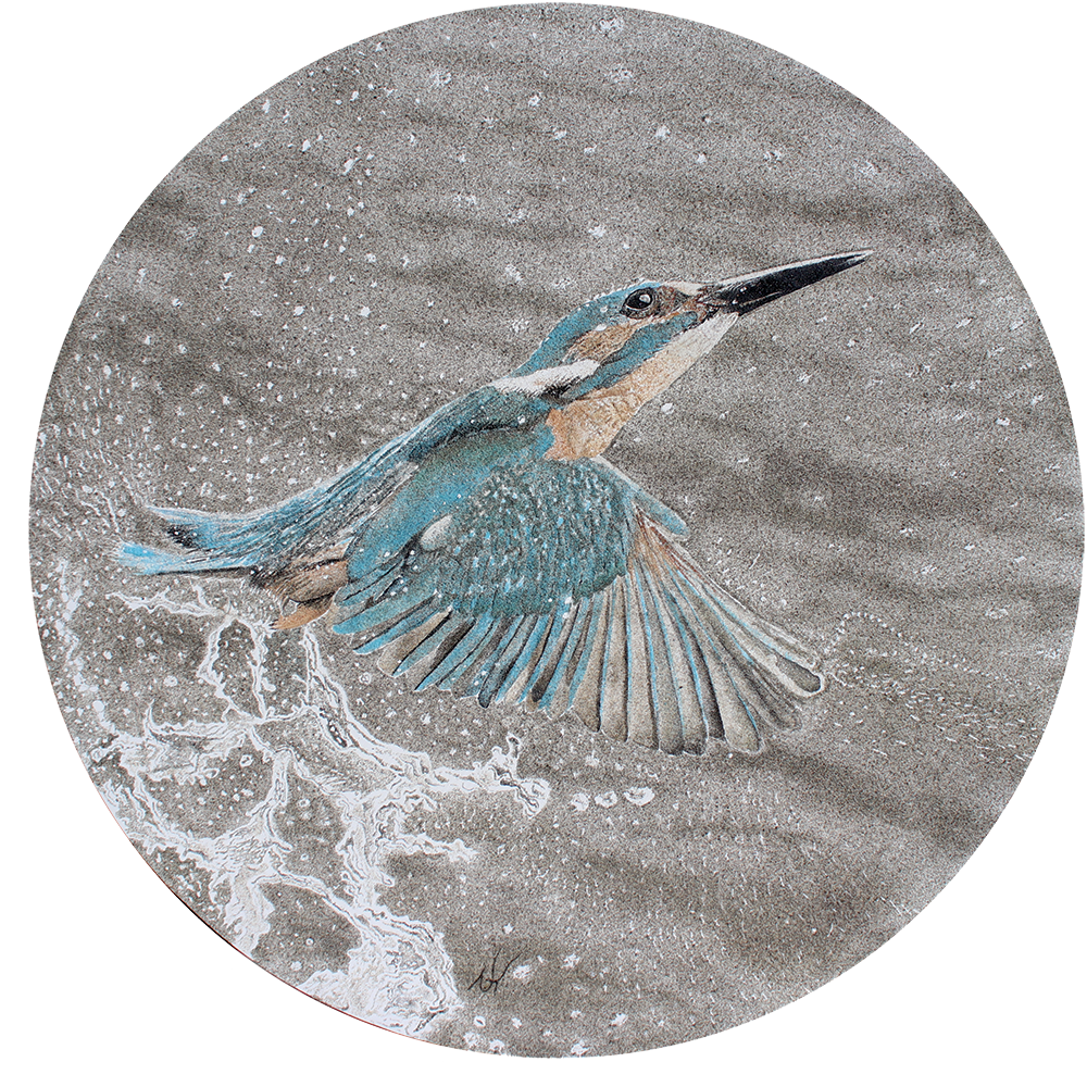 “Dip In” Created with 8 shades of natural New Zealand sand and crushed blue glass available at "4 Art Sake Gallery" Size: 800 mm diameter Price: $ 2000