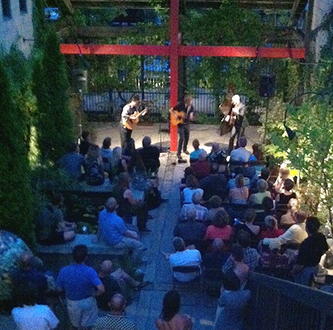 California Guitar Trio performing in A Gallery Sculpture Garden