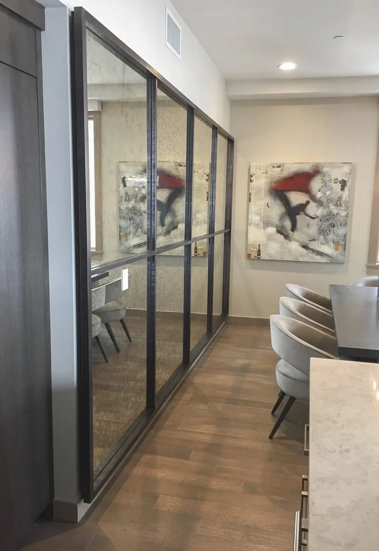 Antique Mirror in a Custom Fabricated Steel Frame with Mullions