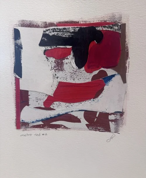 Jennifer Rasmusson, Metro Red #2, monoprint and mixed media, 9x12 in.