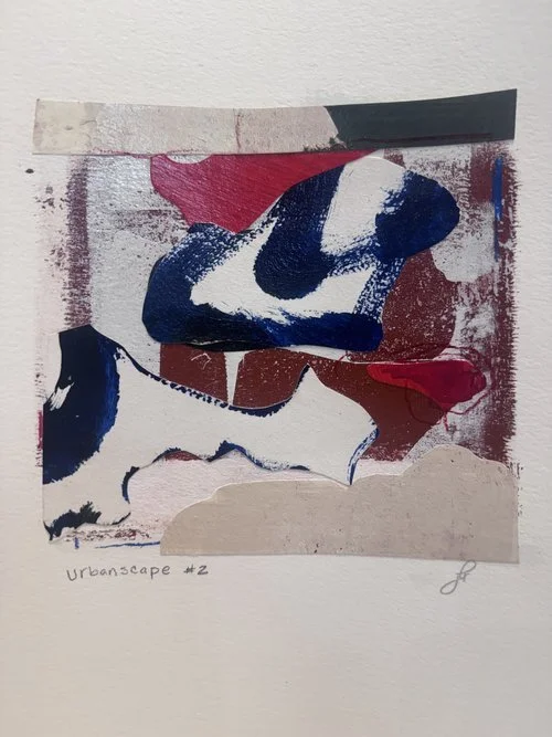 Jennifer Rasmusson, Urbanscape #2, monoprint and mixed media, 9x12 in.