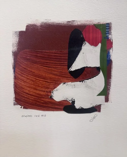Jennifer Rasmusson, Metro Red #3, monoprint and mixed media, 9x12 in.