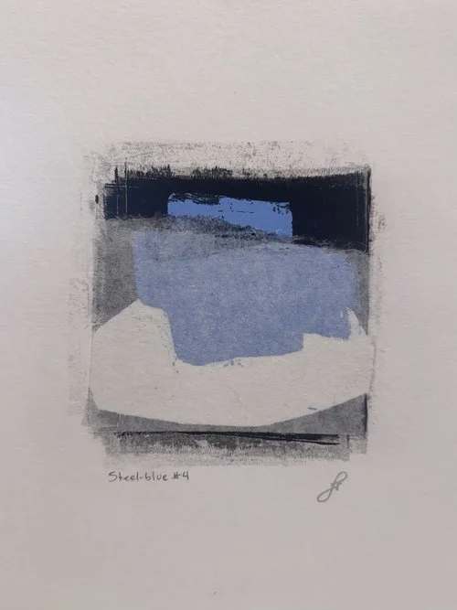Jennifer Rasmusson, Steel Blue #4, monoprint and mixed media, 9x12 in.
