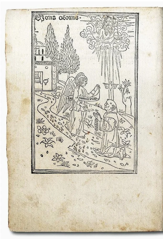 Introduction woodcut with an angel, a monk, and a representation of the Father performing a blessing.