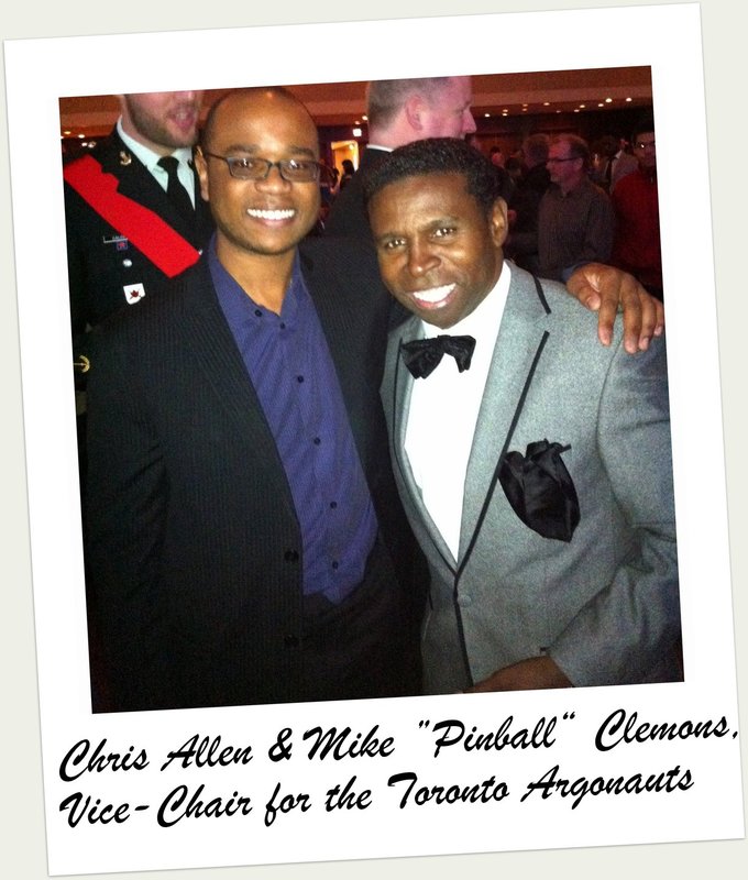 Chris Allen with Mike ‘Pinball’ Clemons at the Grey Cup Breakfast discussing the game, life, and business strategies.