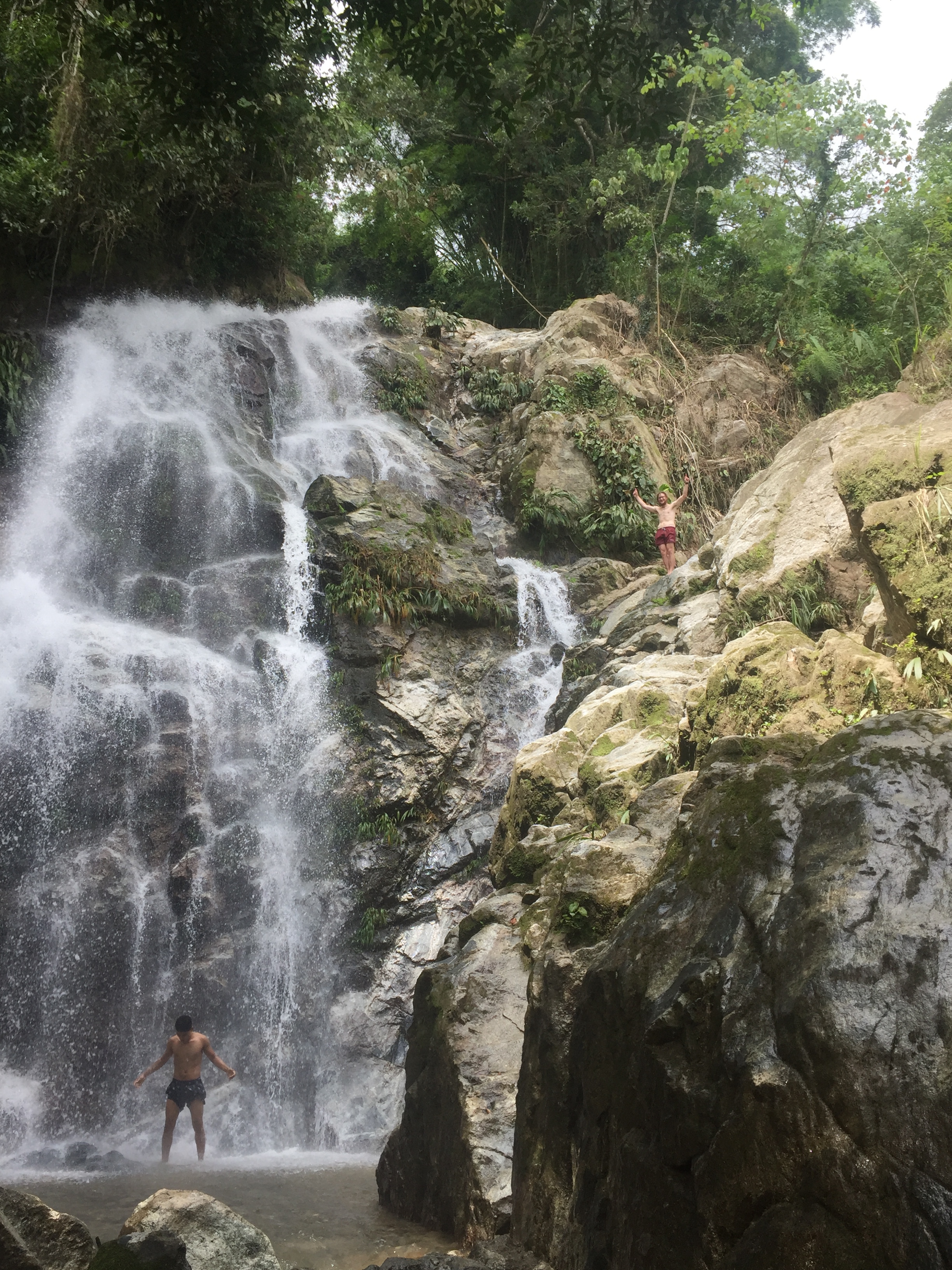   MINCA, COLOMBIA – JULY 26TH, 2017: Bertie cools off and enjoys the view high above Cascada Marinca, several miles from the town of Minca.  