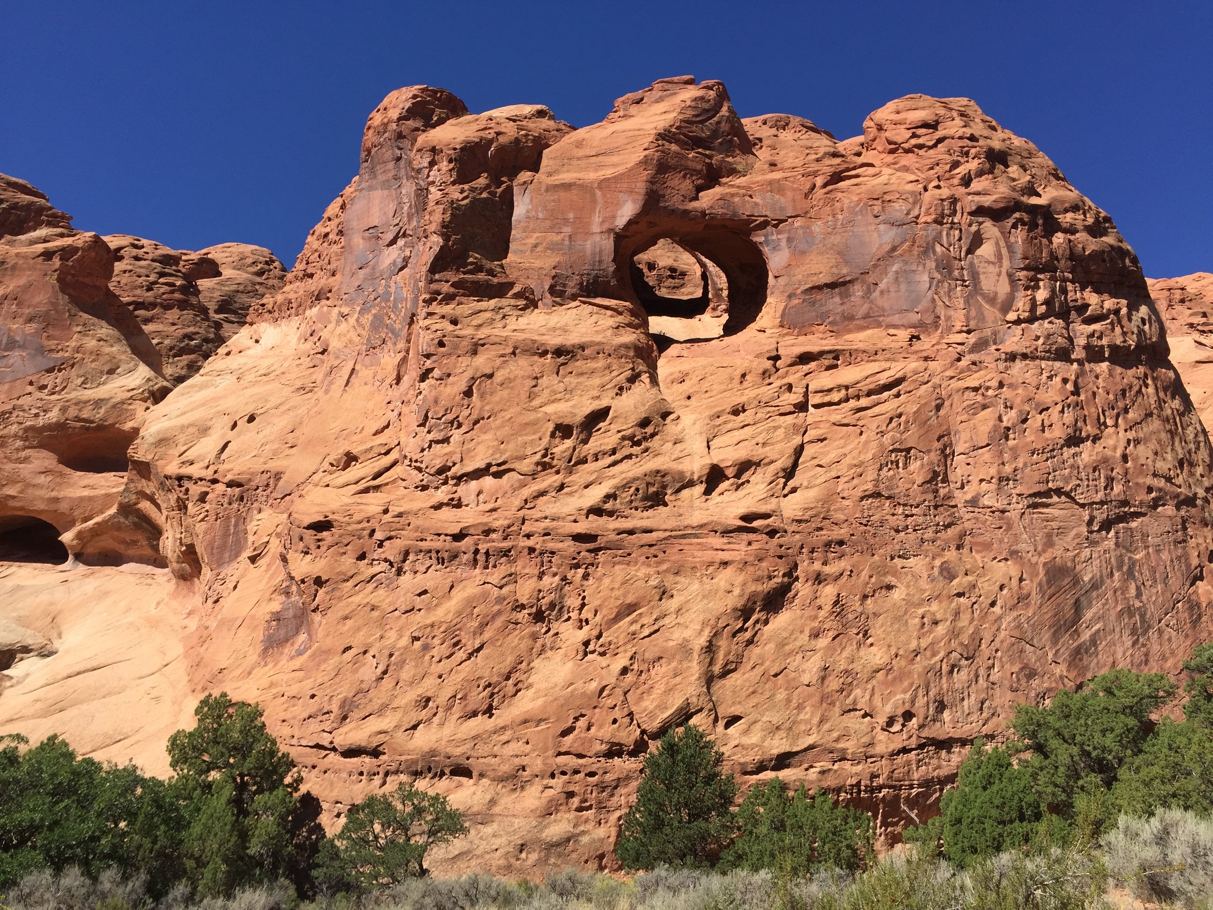   AUGUST, 2017 – CAPITOL REEF NATIONAL PARK: Wind is also a large factor in the erosion of rock within the park, not only in blowing away the top layer of material, but blasting the cliff faces with sand and debris.  