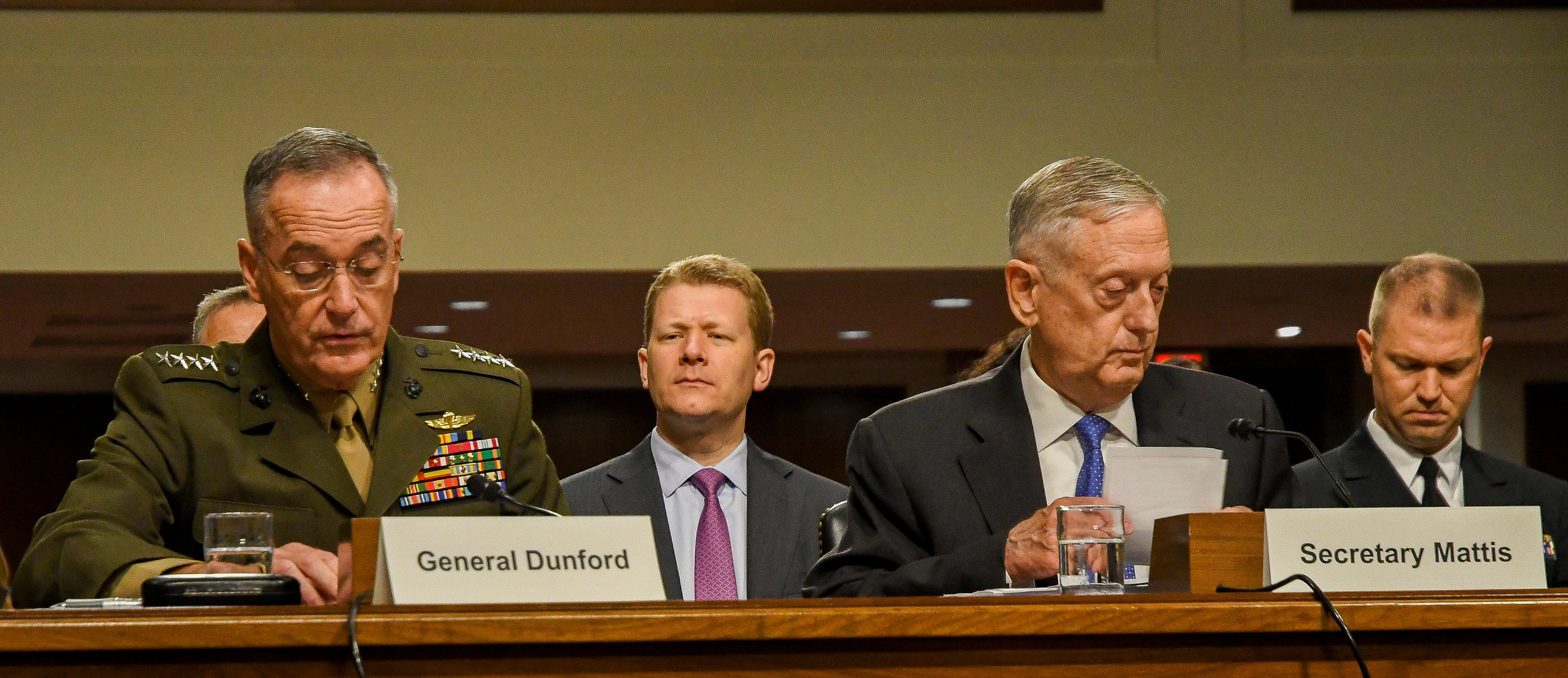 Washington DC. USA, June 13, 2017. PICTURED: Secretary of Defense James Mattis and Army Chief of Staff General Dunford, take questions in appropriations committee. Mattis and Dunford both agree that climate change is a significant national security …