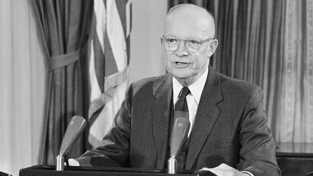 PICTURED: Lt. Gen. and President Dwight Eisenhower delivering his warning to the American people of the formidable power of the new “military industrial complex”.