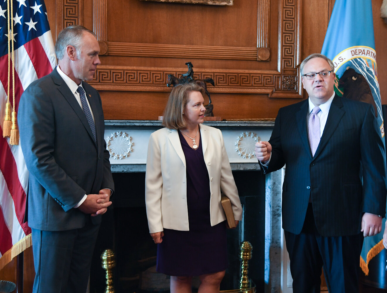 August 1st, 2017. PICTURED: Former Interior Secretary Ryan Zinke (left) stands with newly-sworn in Deputy Sec., and now current Interior Secretary David Bernhardt (right).