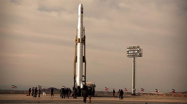 Dasht-e Kavir, Iran. April 22, 2020. Iranian military satellite Nour-1 is seen before launch from the Qassed launcher Photo credit: Tasnim news agency.