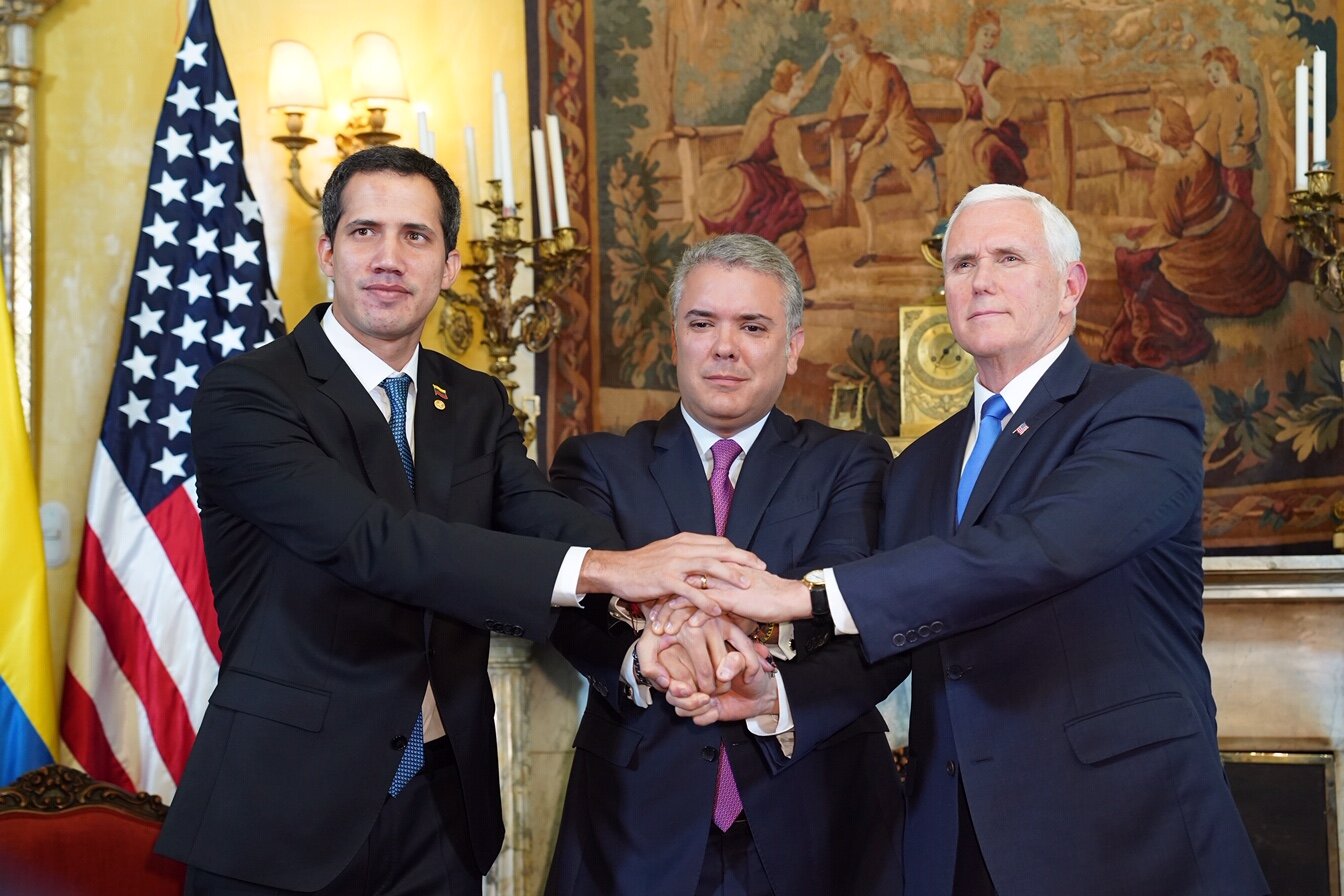 PICTURED: From left to right Juan Guaido, Colombian president Ivan Duque, and Vice-President Mike Pence.
