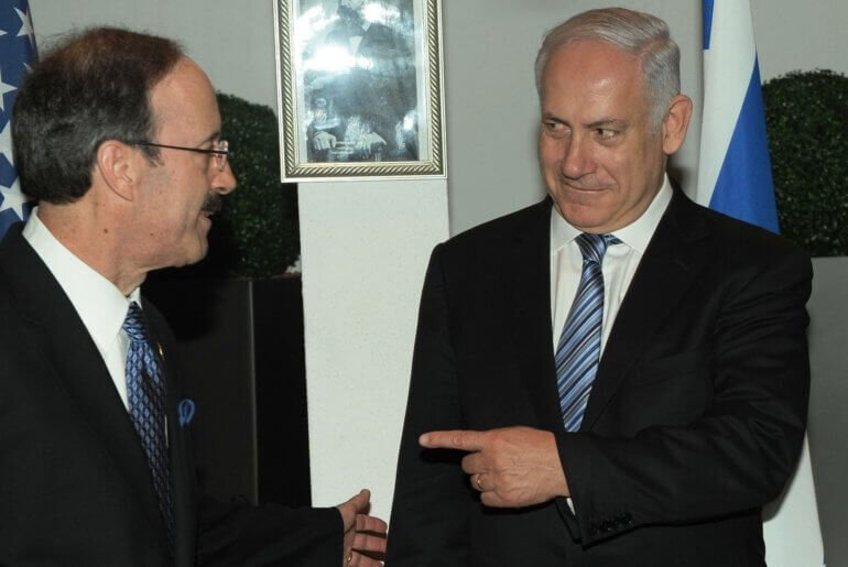 ELIOT ENGEL WITH BENJAMIN NETANYAHU, AND THEODOR HERZL IN BACKGROUND, 2011. FROM ENGEL’S FLICKR FEED.