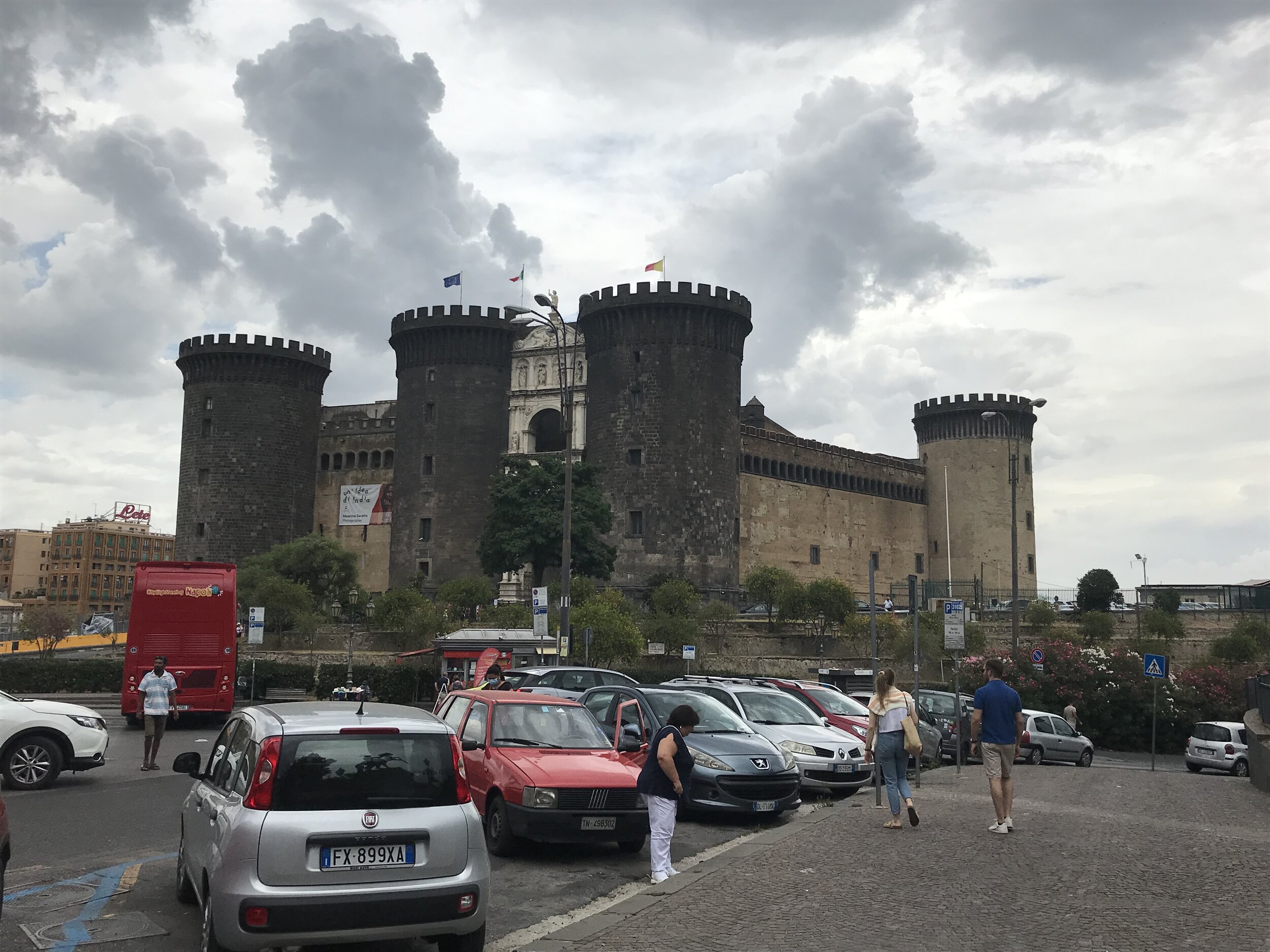   NAPLES, Italy. August 7th, 2020.  Castel Nuovo, the massive sea fortress, was surrounded with construction work on the new Metro line.  