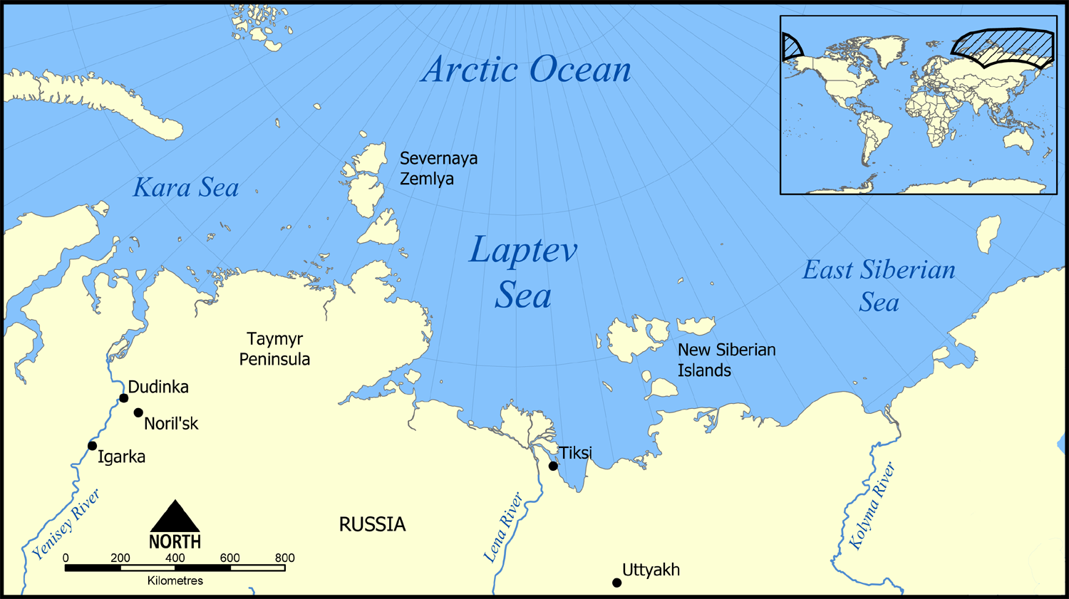 PICTURED: A map of the north-Russian coast, with Taymyr Peninsula drawing a line across the Arctic Circle to Wrangell Island, the unmarked white island in the east, where one can see the Kolyma River, above which are the Bear Islands. Photo credit: …