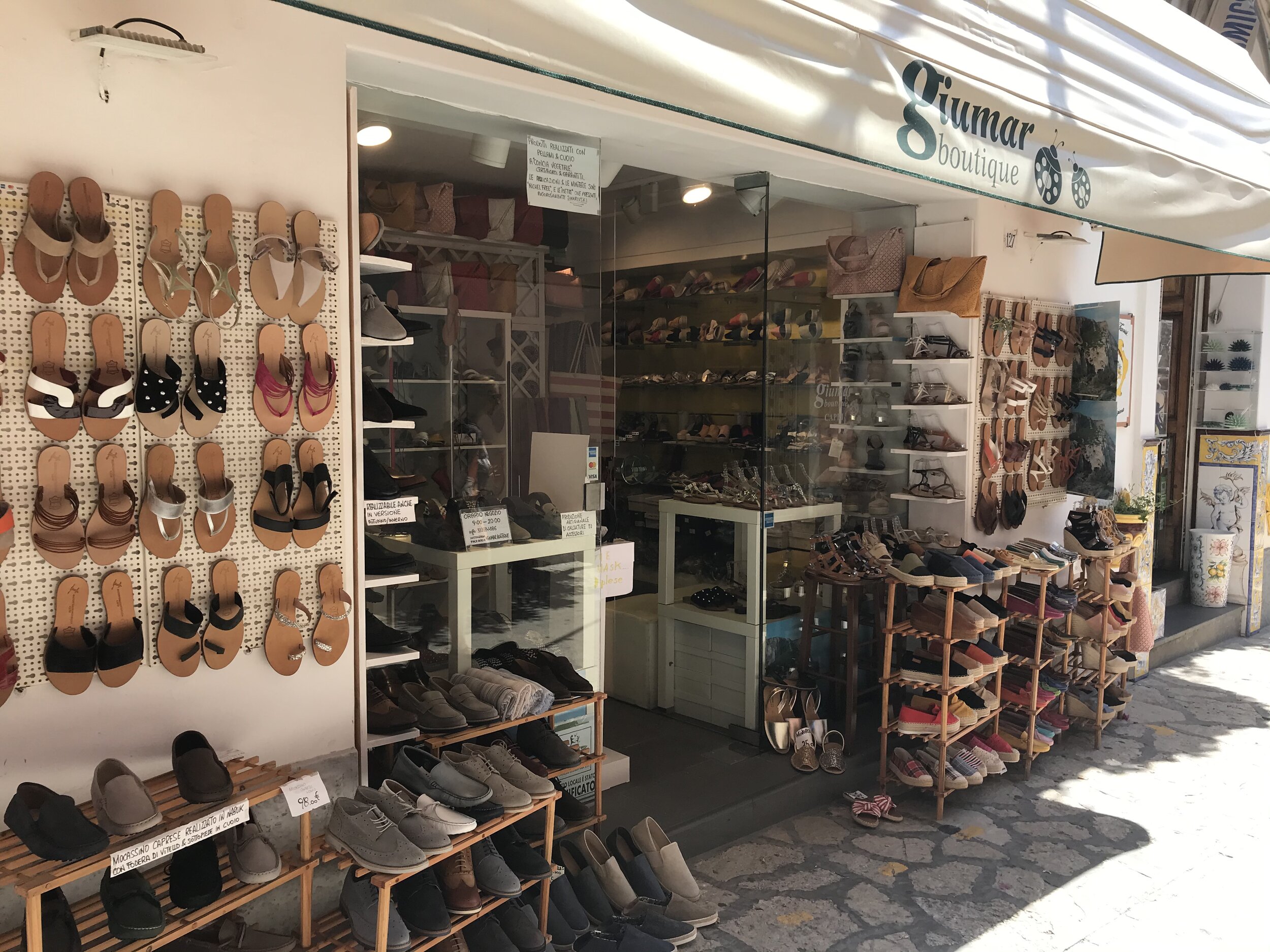  CAPRI, Napoli. August 4th, 2020. PICTURED: A shoemaker’s stall above the hills in Anacapri - the older town. 