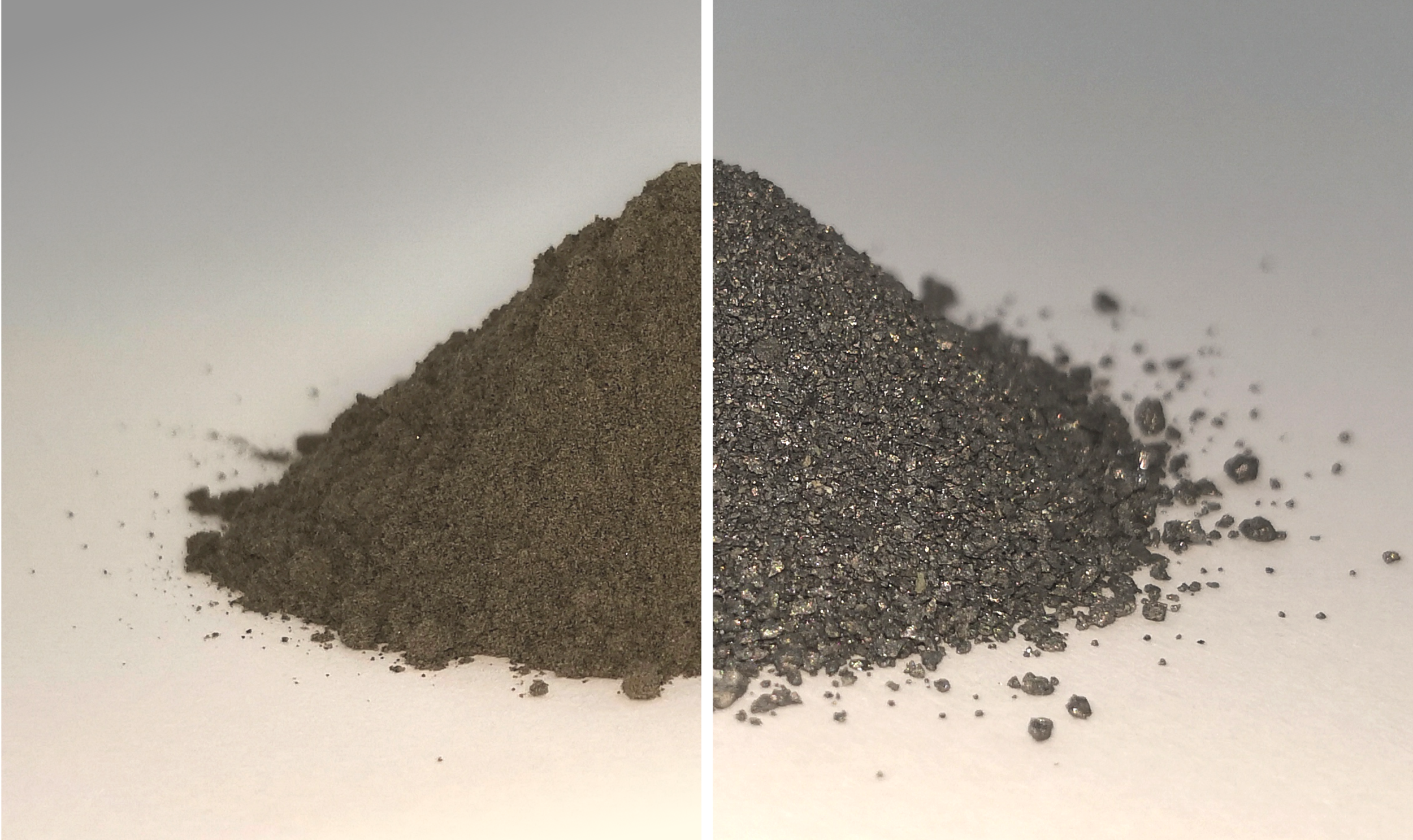 PICTURED: Simulated lunar regolith with oxygen (left) and after the molten salt electrolysis removes it (right). Photo credit:  © Beth Lomax - University of Glasgow.