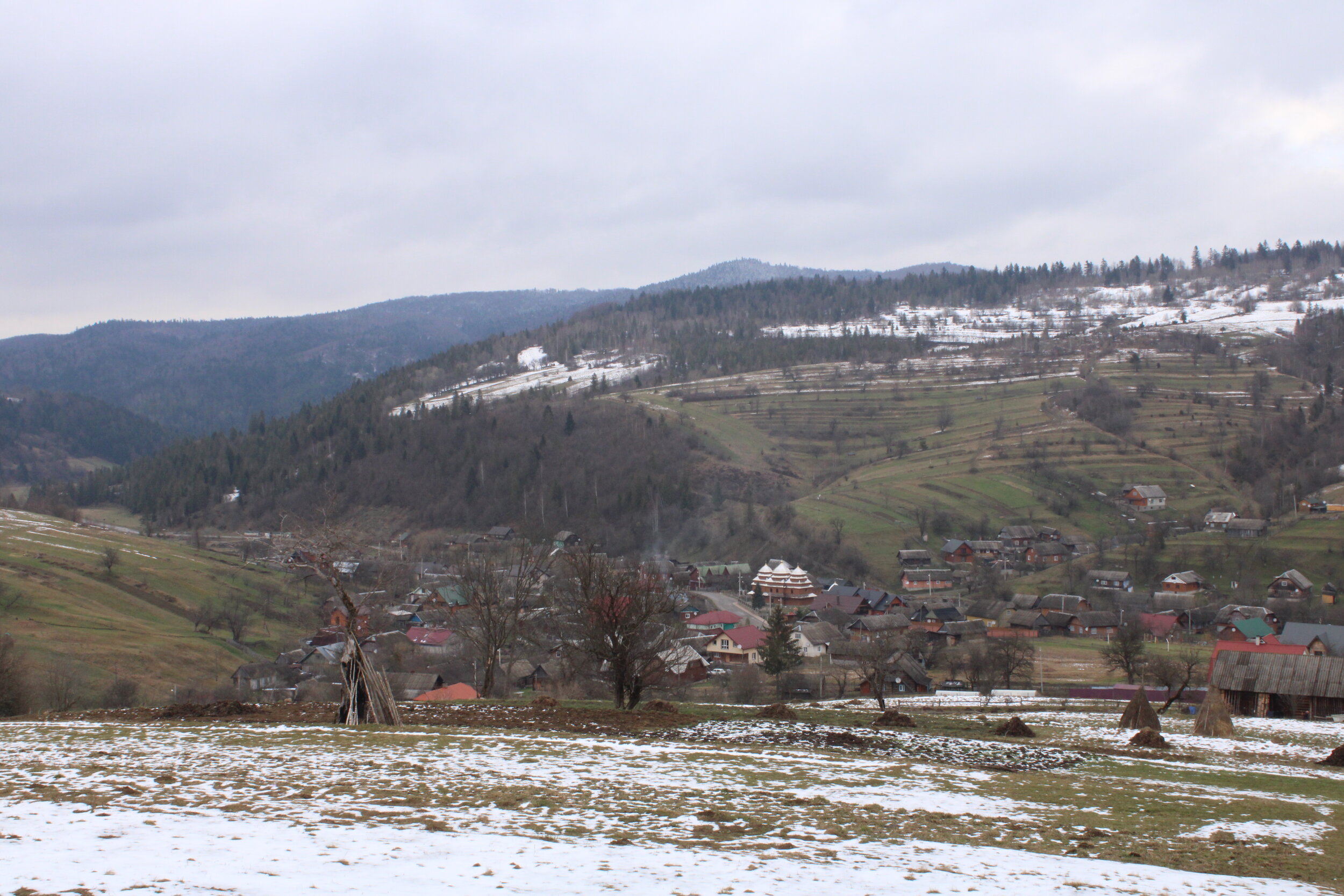   PICTURED:  The town at the bottom of the valley before our ascent to Lopata Mountain is inhabited by Boykos, one of the mountain peoples of Ukraine, who tend to stay in the foothills.  
