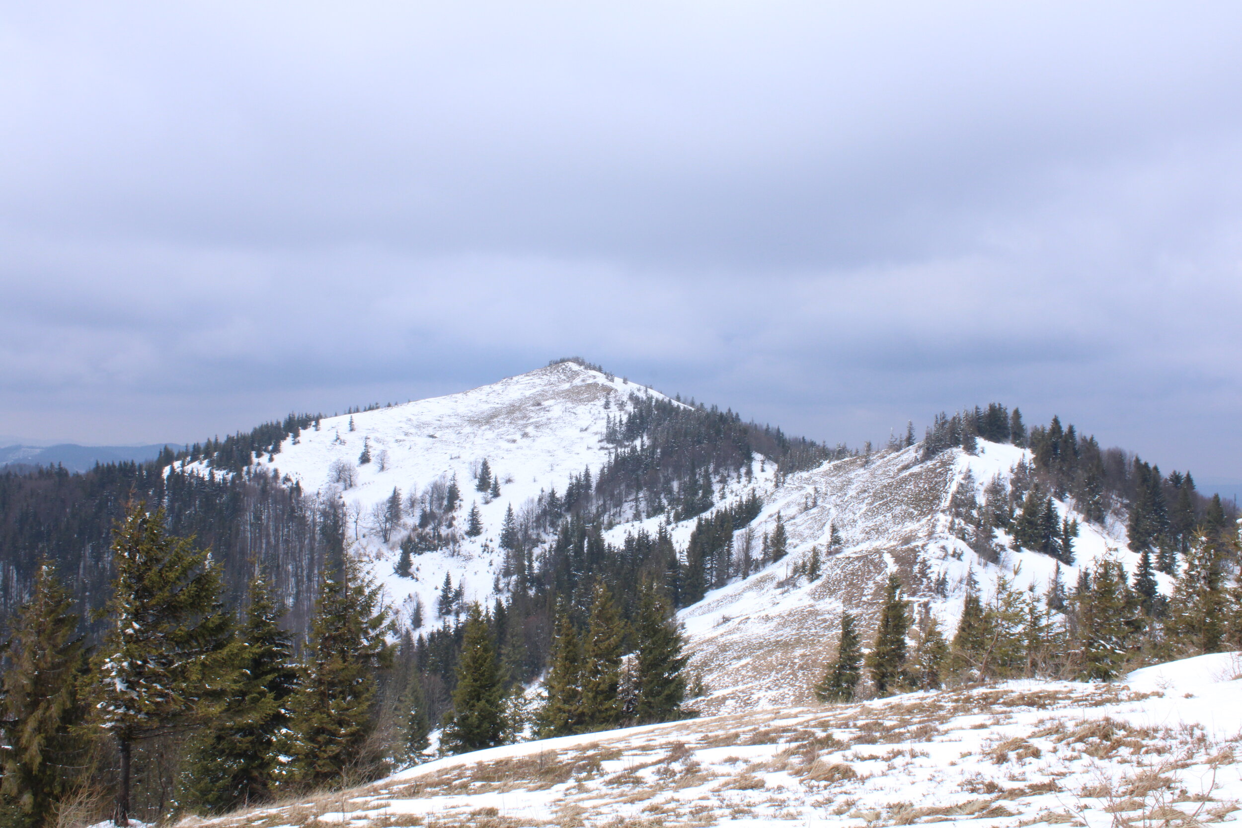 CARPATHIANS, Ukraine. April 16th 2021. PICTURED: Mount Parashka sits covered in April snow, 1280 meters above sea level. The Carpathian Mountains are a UNESCO Natural Heritage Site, and geologically-considered at the very center point of the European continent.