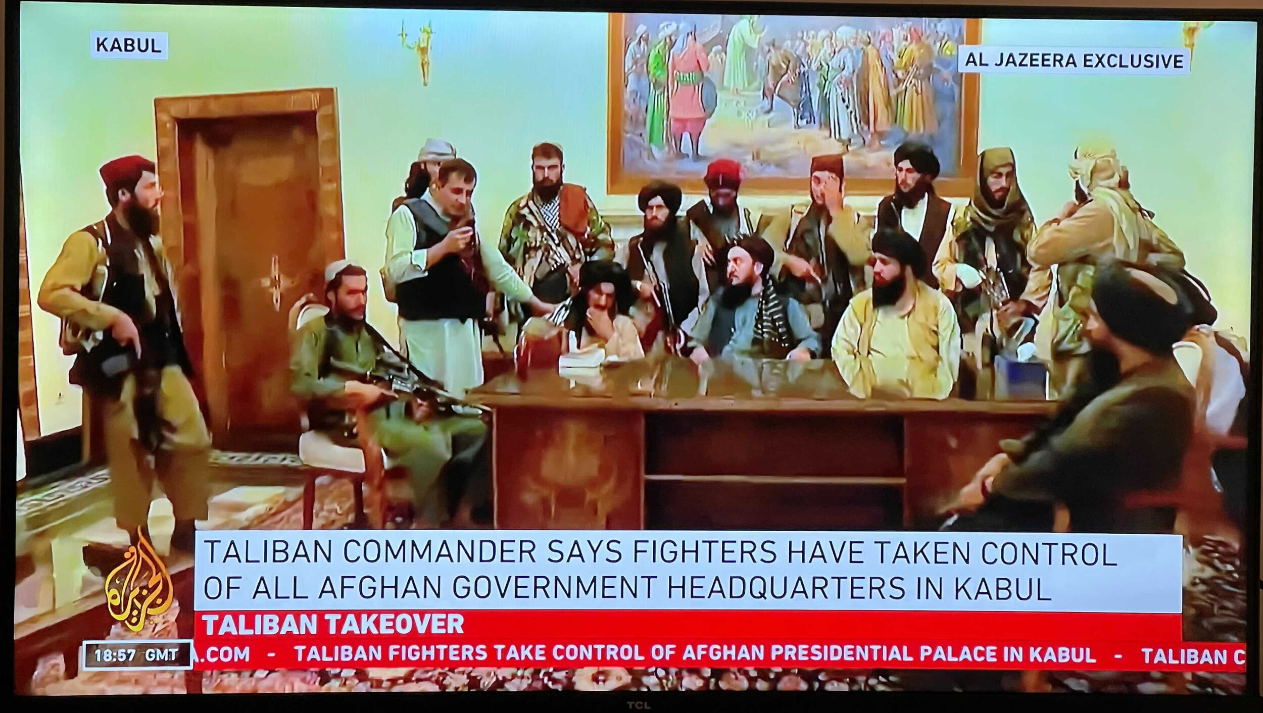 PICTURED: Al-Jazeera livestreamed the address from the Taliban commander at the presidential palace. PC: Al-Jazeera. Fair Use.
