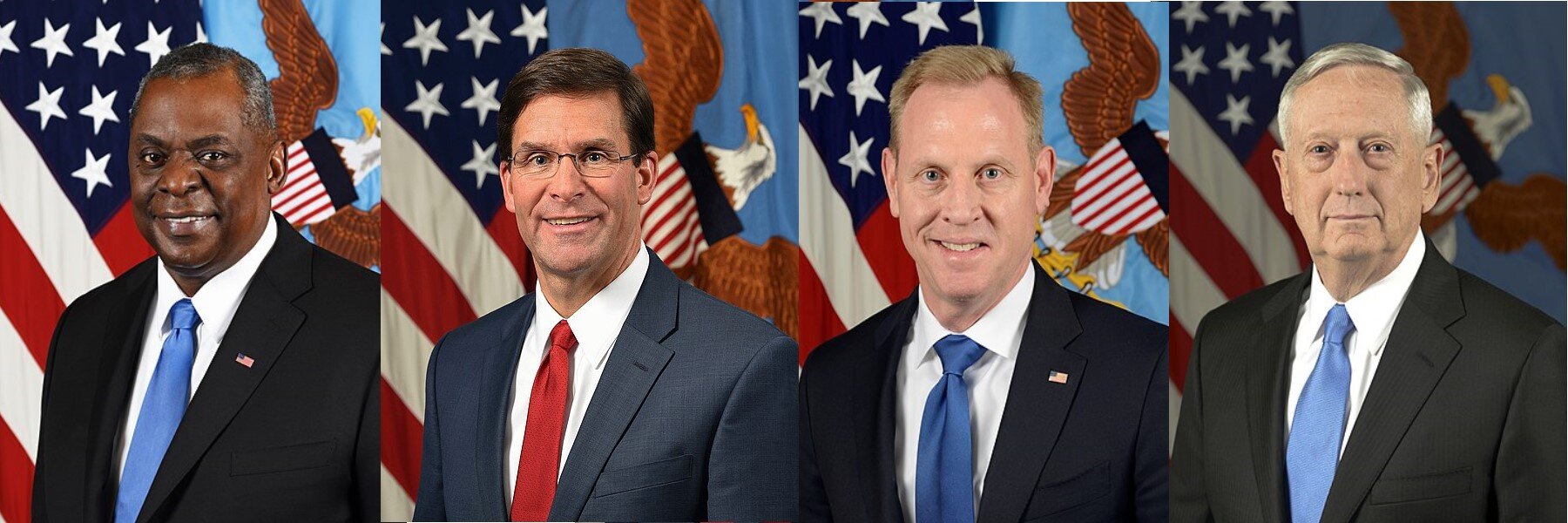 PICTURED: From left to right: Sec. of Defense Lloyd Austin. Former-Secretaries of Defense Mark Esper, Patrick Shanahan, and James Mattis. Excluding two previous Defense Secretaries who served only a few days, these four have all entered the job havi…