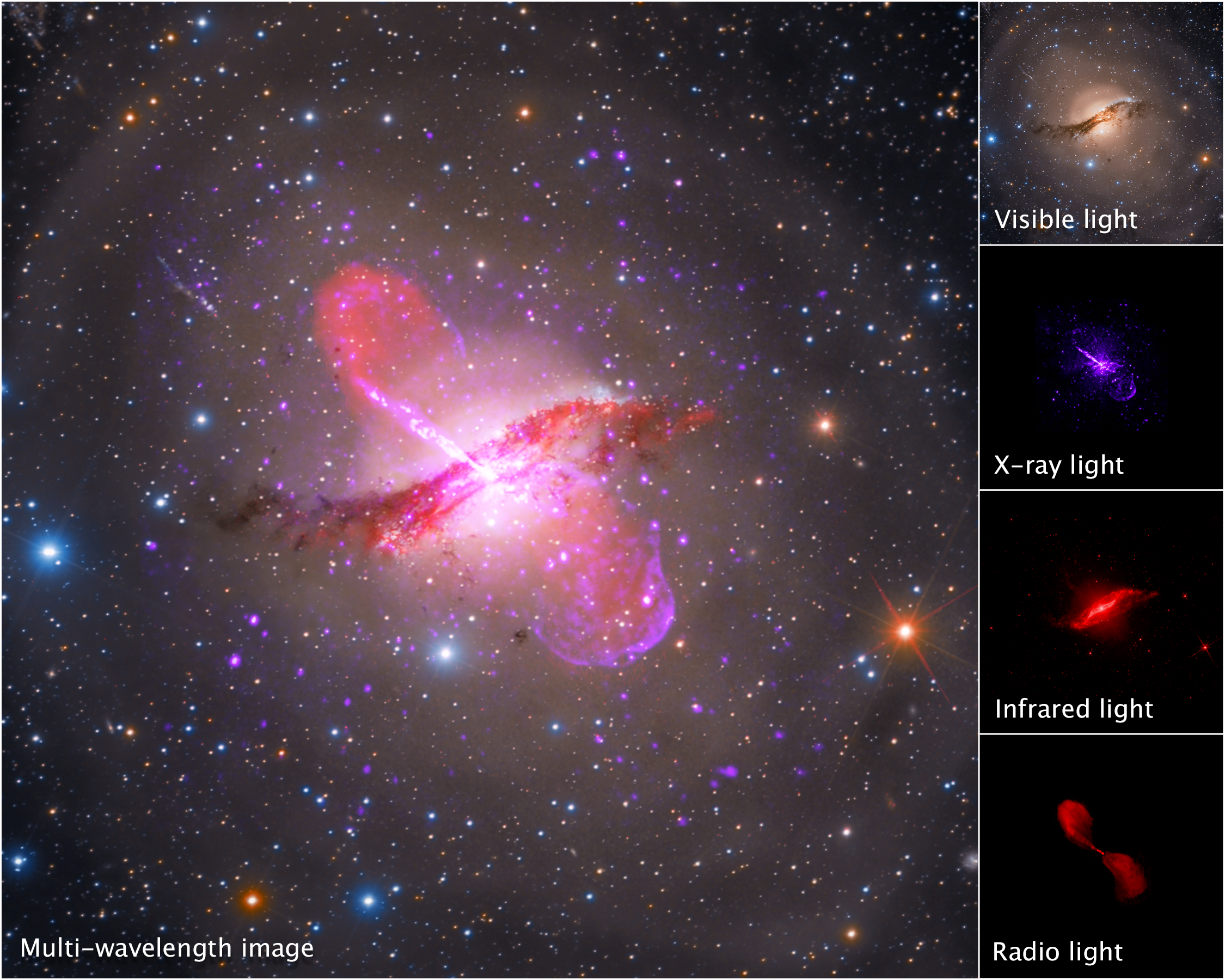 PICTURED: Four observations of the Centaurus A system taken and rendered by the ESA, including in infrared, the wavelengths which Webb will observe in exclusively. PC: X-ray: NASA/CXC/SAO; optical: Rolf Olsen; infrared: NASA/JPL-Caltech; radio: NRAO/AUI/NSF/Univ.Hertfordshire/M.Hardcastle.