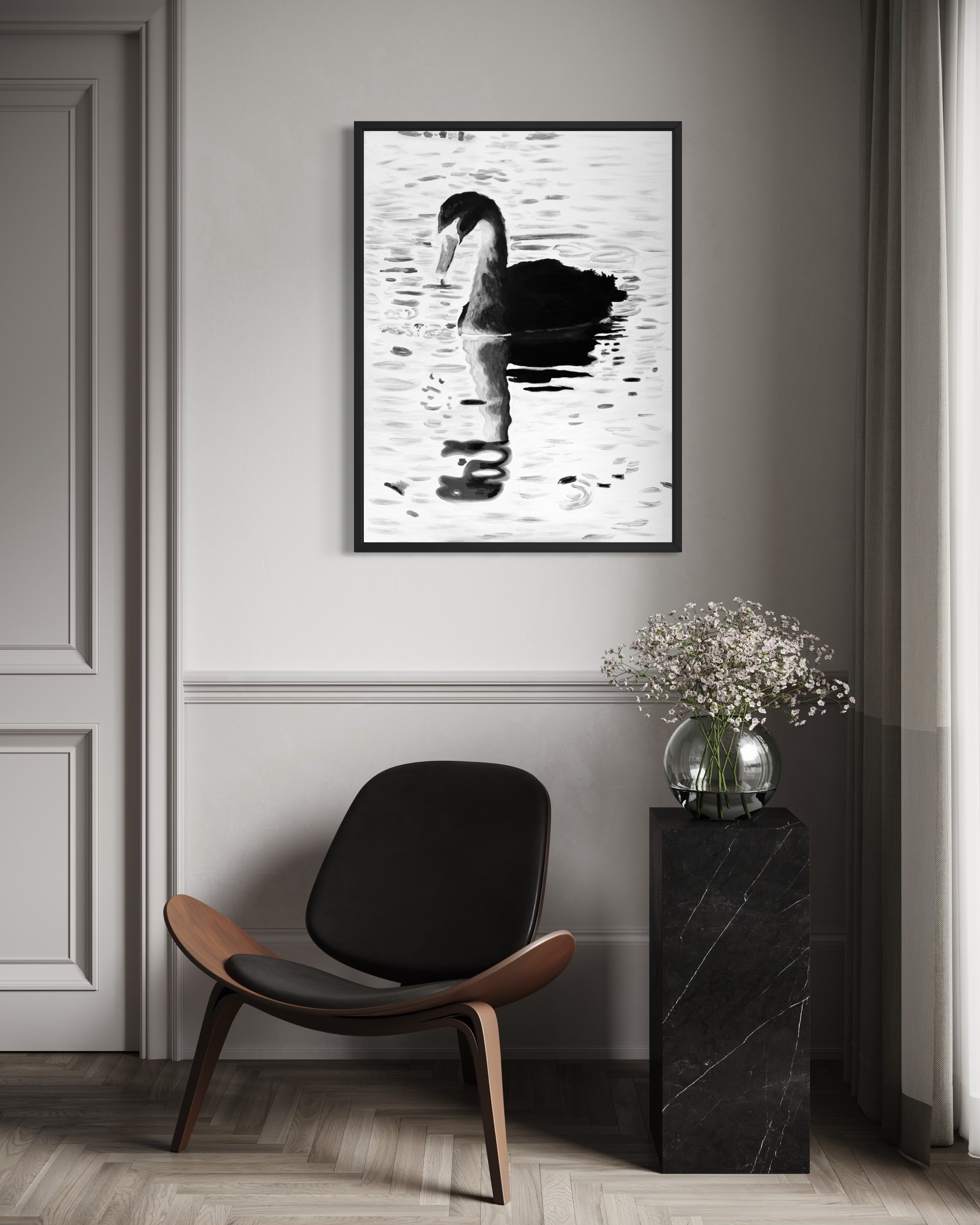Negative Grace original oil painting shown in a black frame in a styled interior; frame not included.