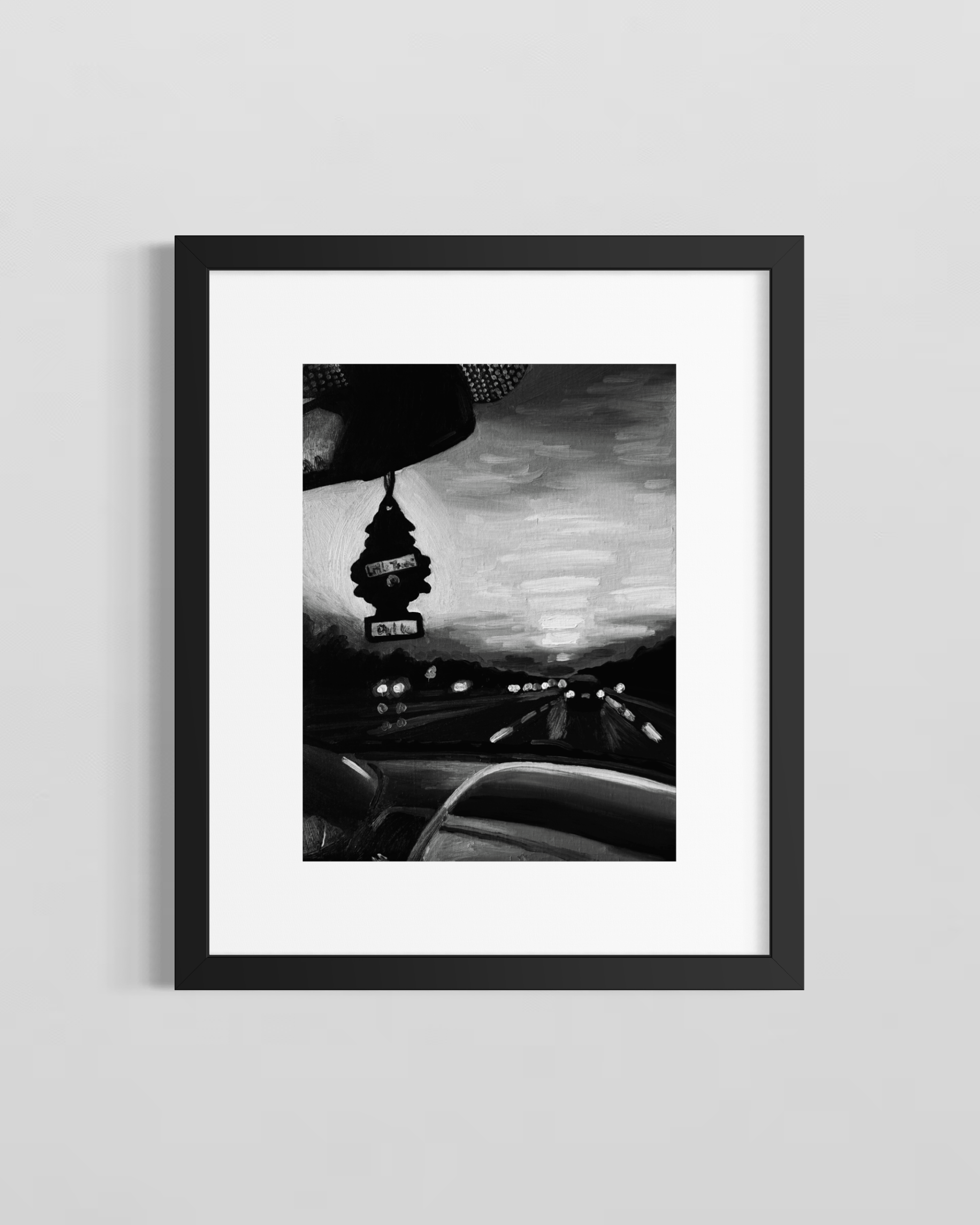 Little Tree oil painting shown in a black frame for display; frame not included.